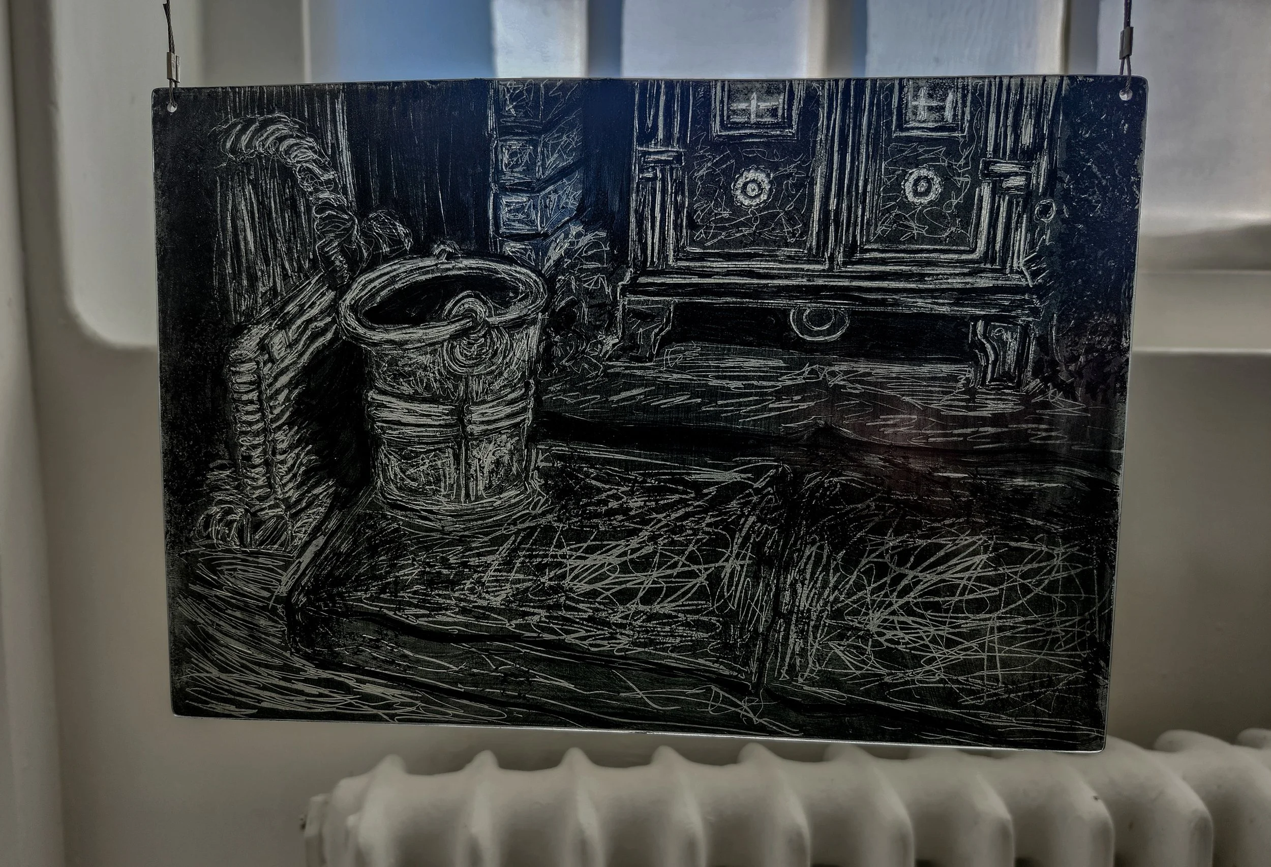 "Hearth," 2026, Sgrafitto and glass painting on horticultural glass