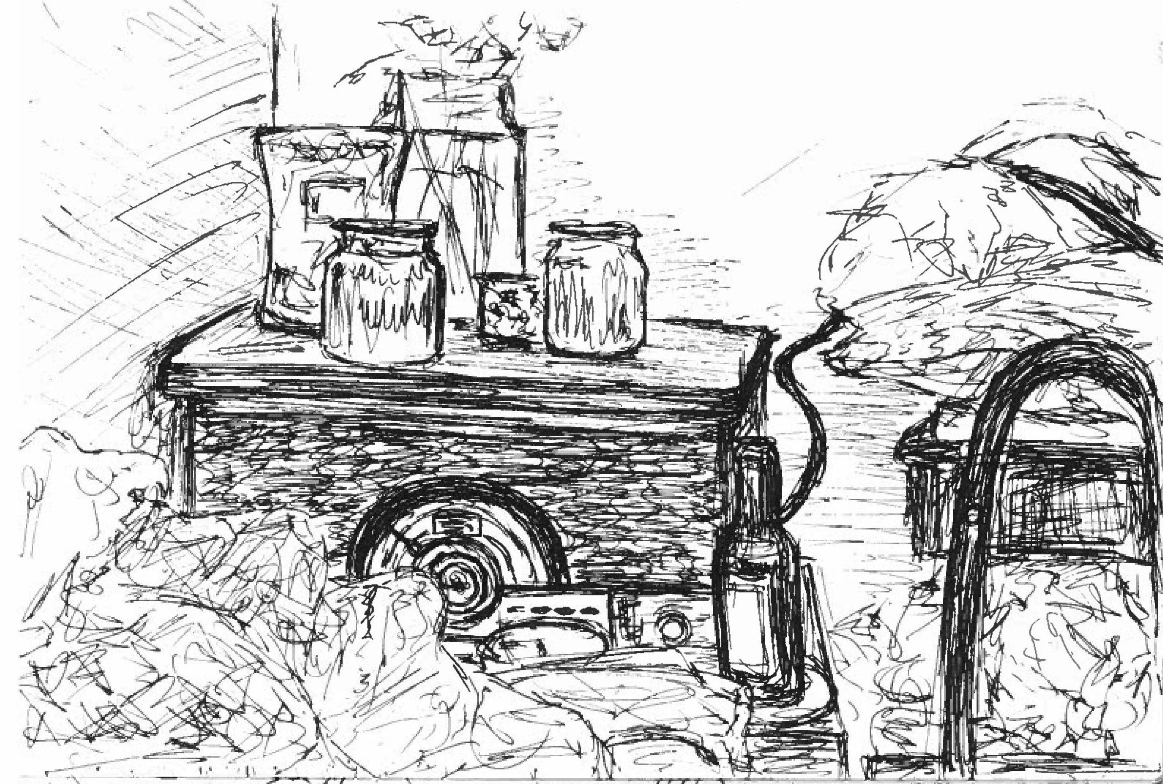 black and white drawing of a record player