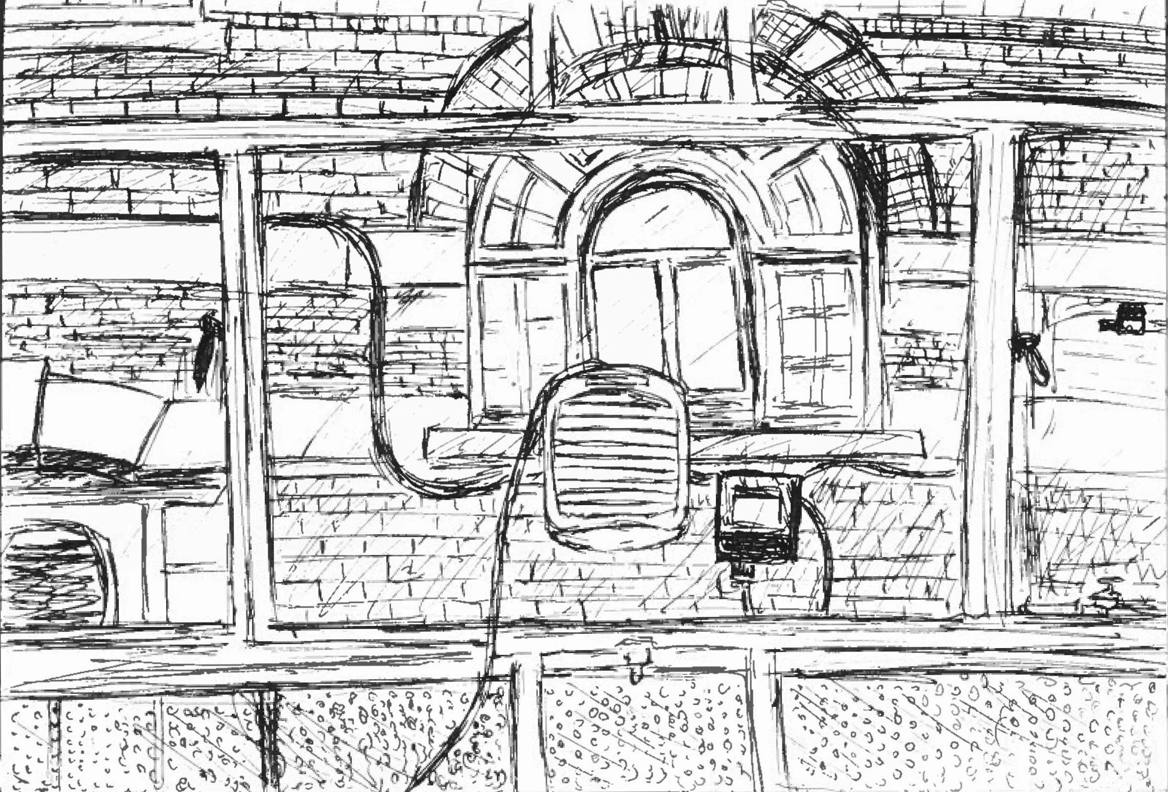 black and white drawing of a window view