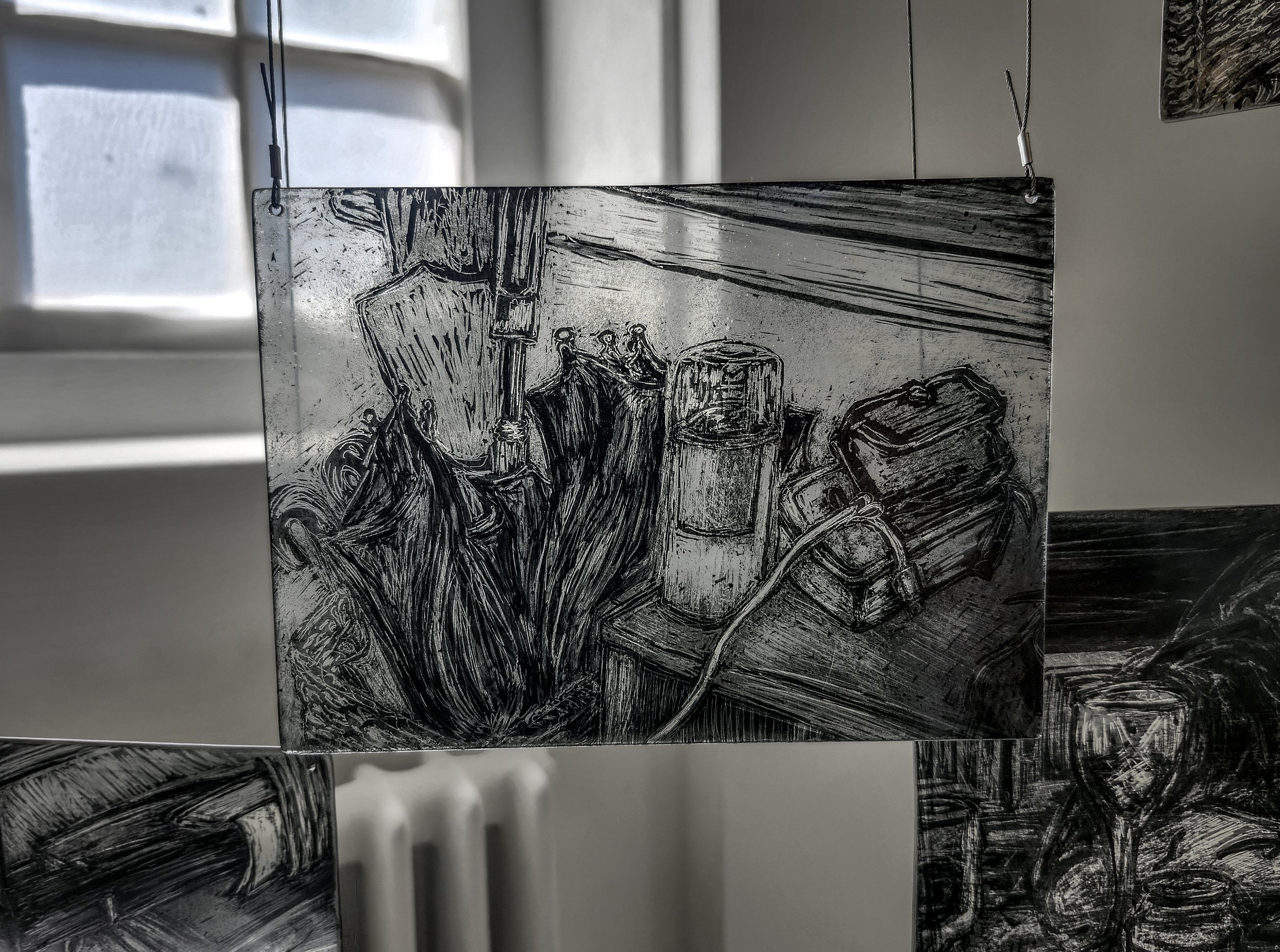"Umbrella Stand," 2026, Sgrafitto and glass painting on horticultural glass