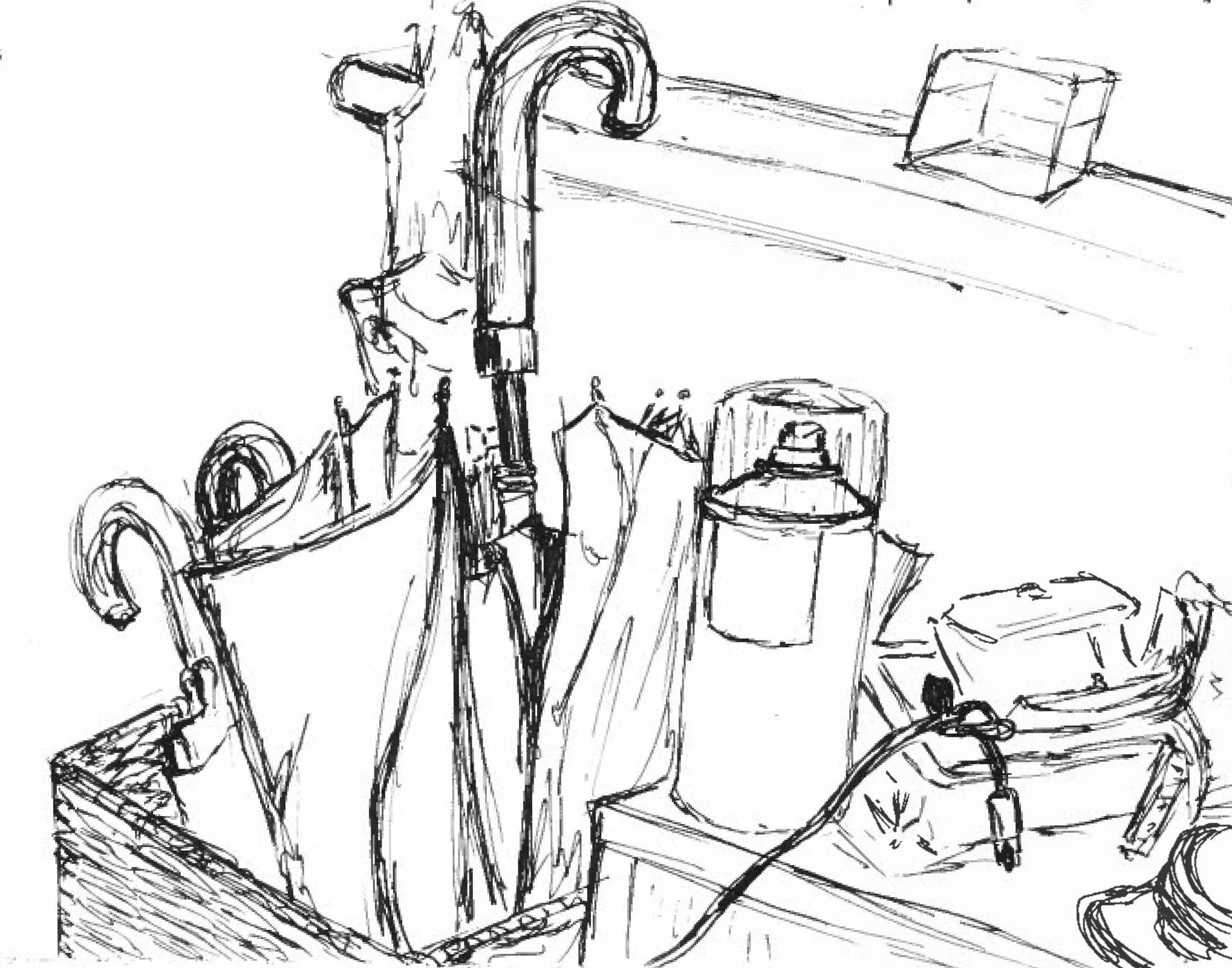 black and white drawing of umbrellas