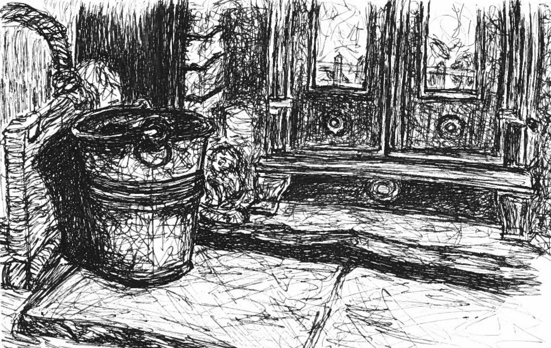 A black and white sketch of a fire place