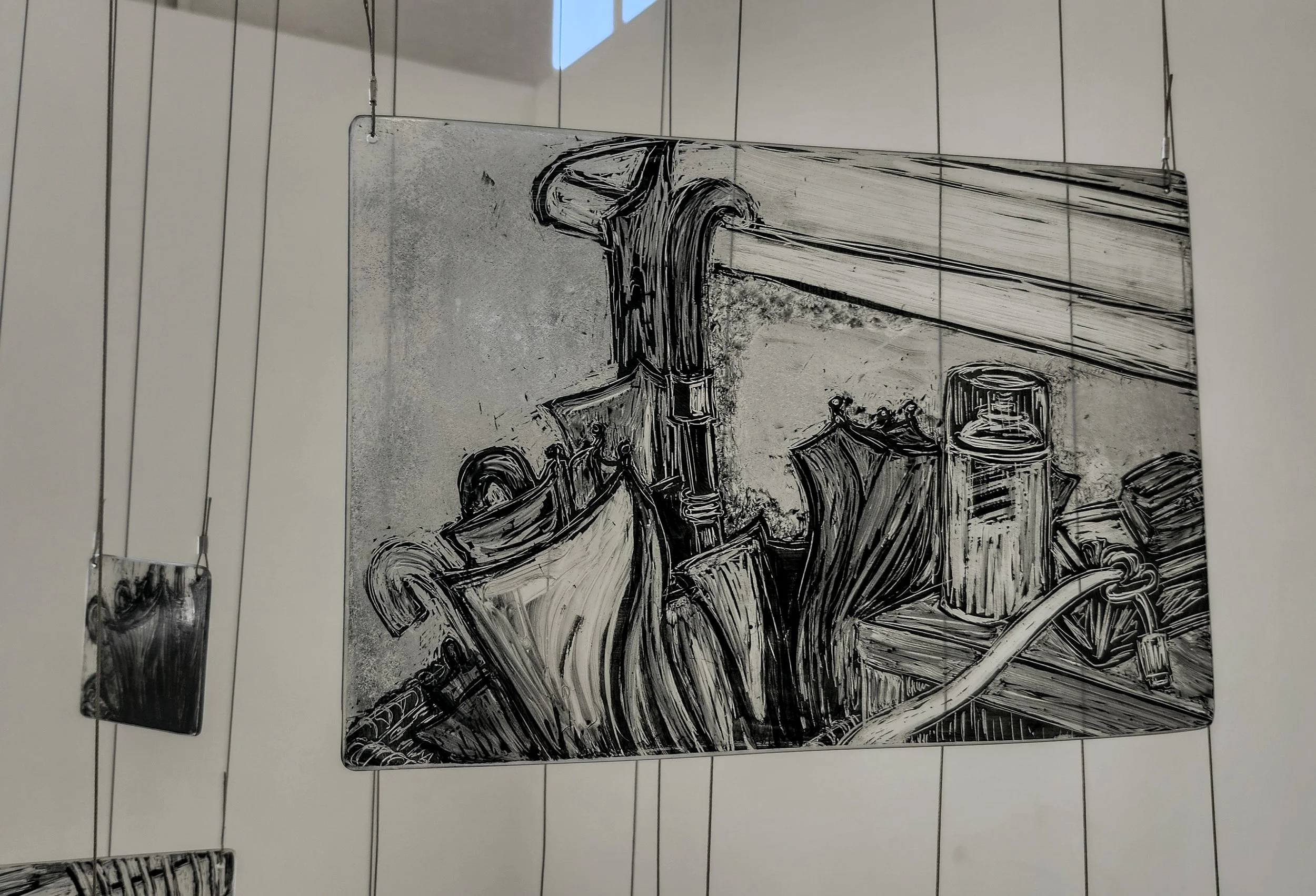 "Umbrella Sill," 2026, Sgrafitto and glass painting on horticultural glass