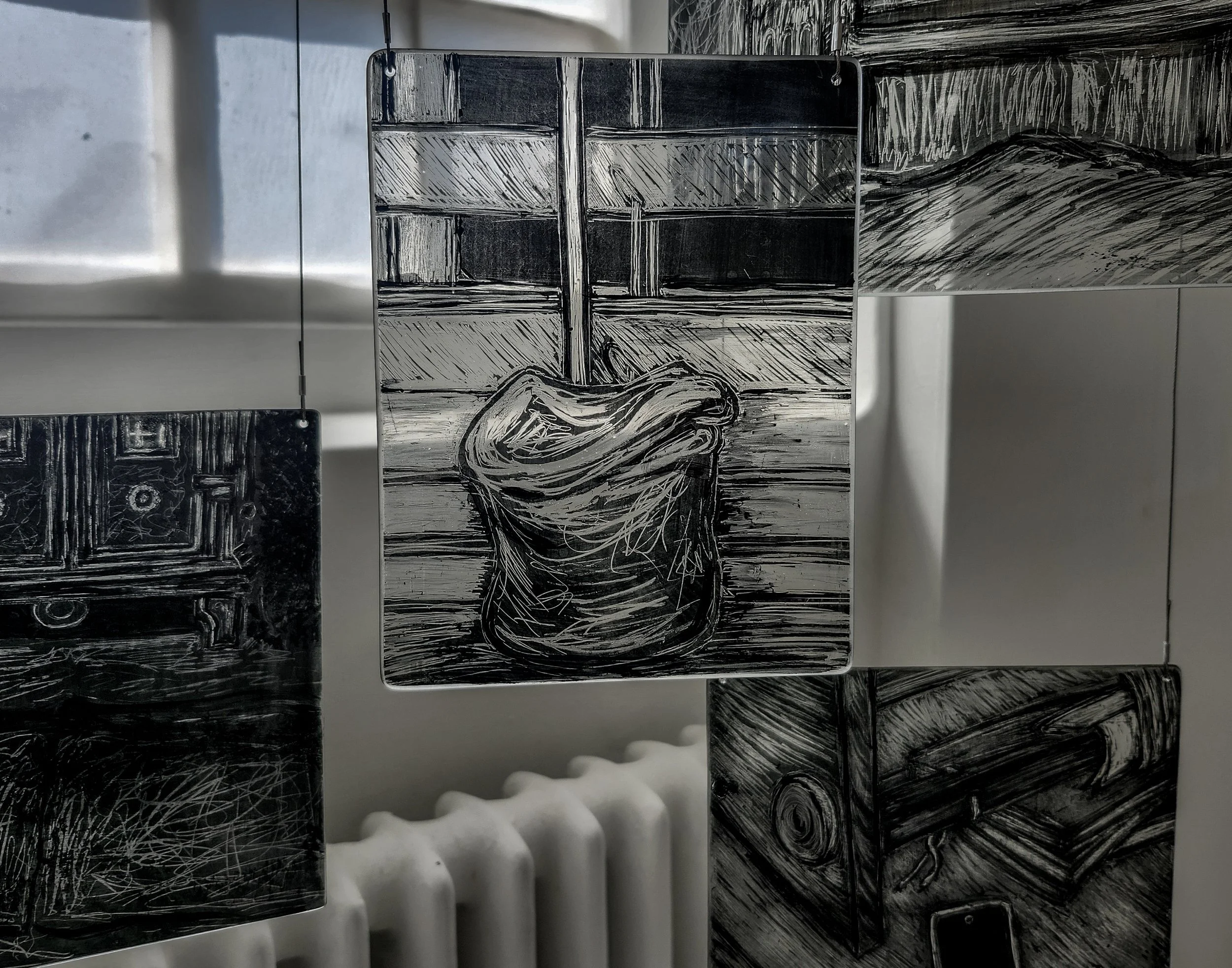 "Candle," 2026, Sgrafitto and glass painting on horticultural glass