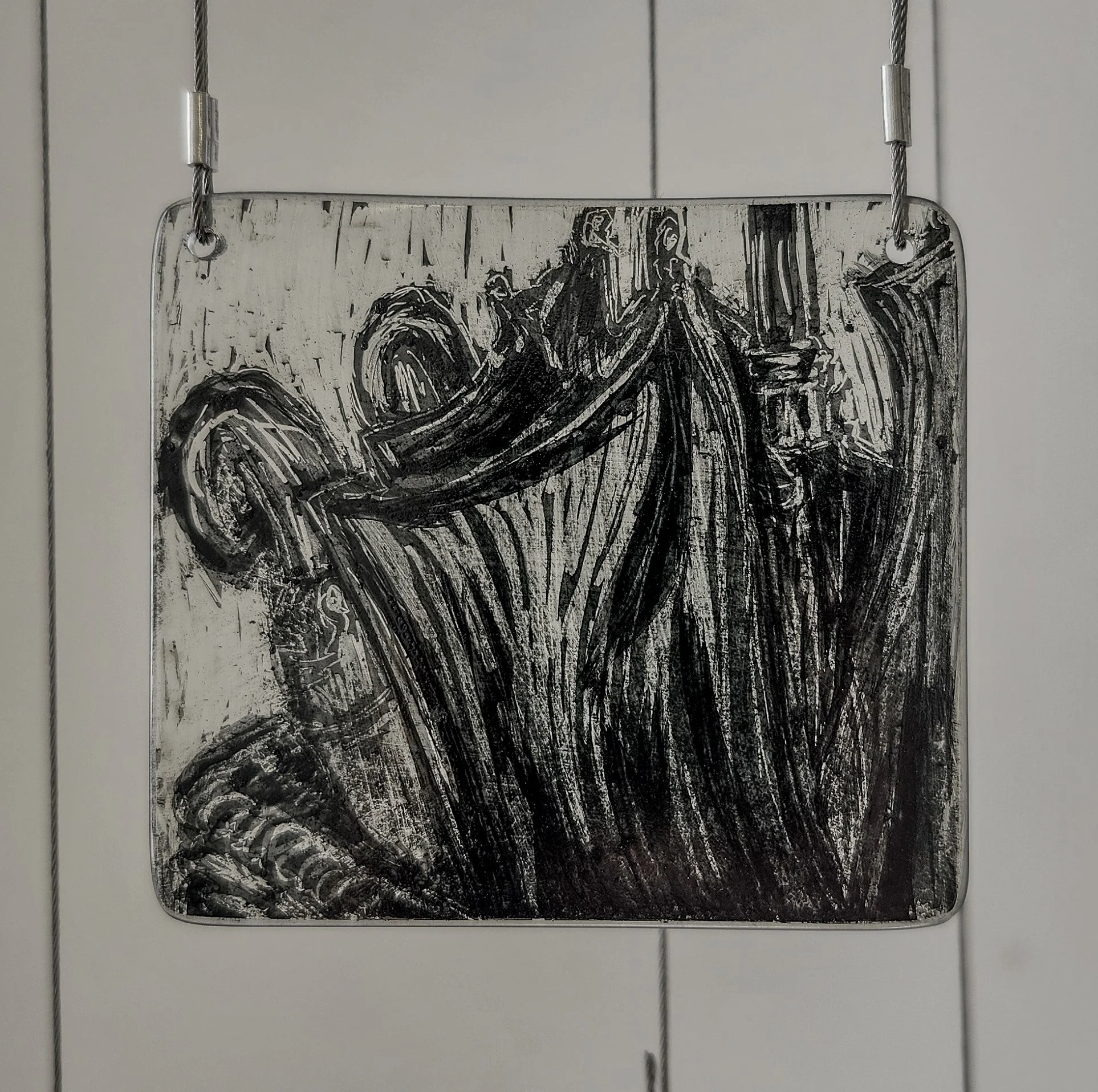 "Umbrella," 2026, Sgrafitto and glass painting on horticultural glass
