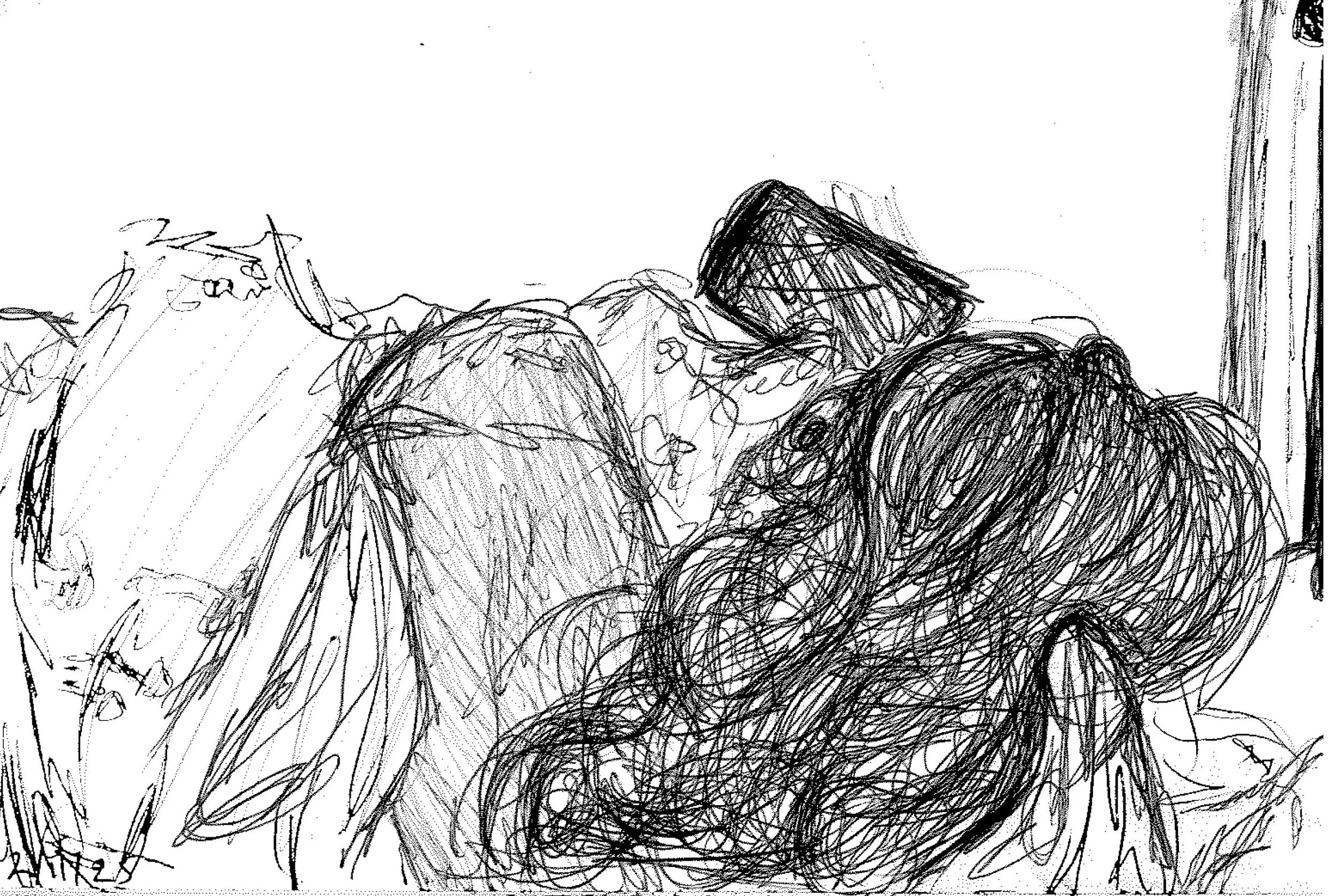 black and white drawing of someon lying in bed