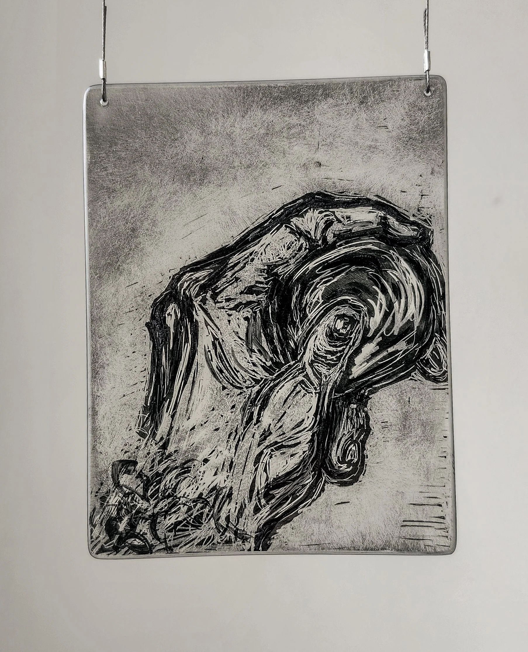 "Fidget," 2026, Sgrafitto and glass painting on horticultural glass