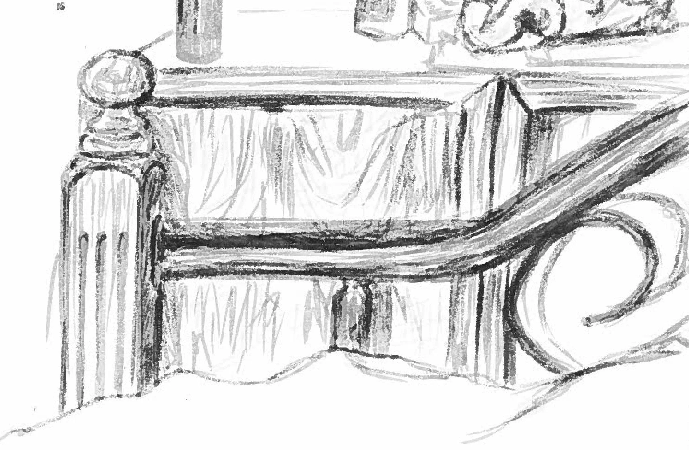Black and white sketch of a wooden table with various objects on it, including a bottle, a glass, and a book.