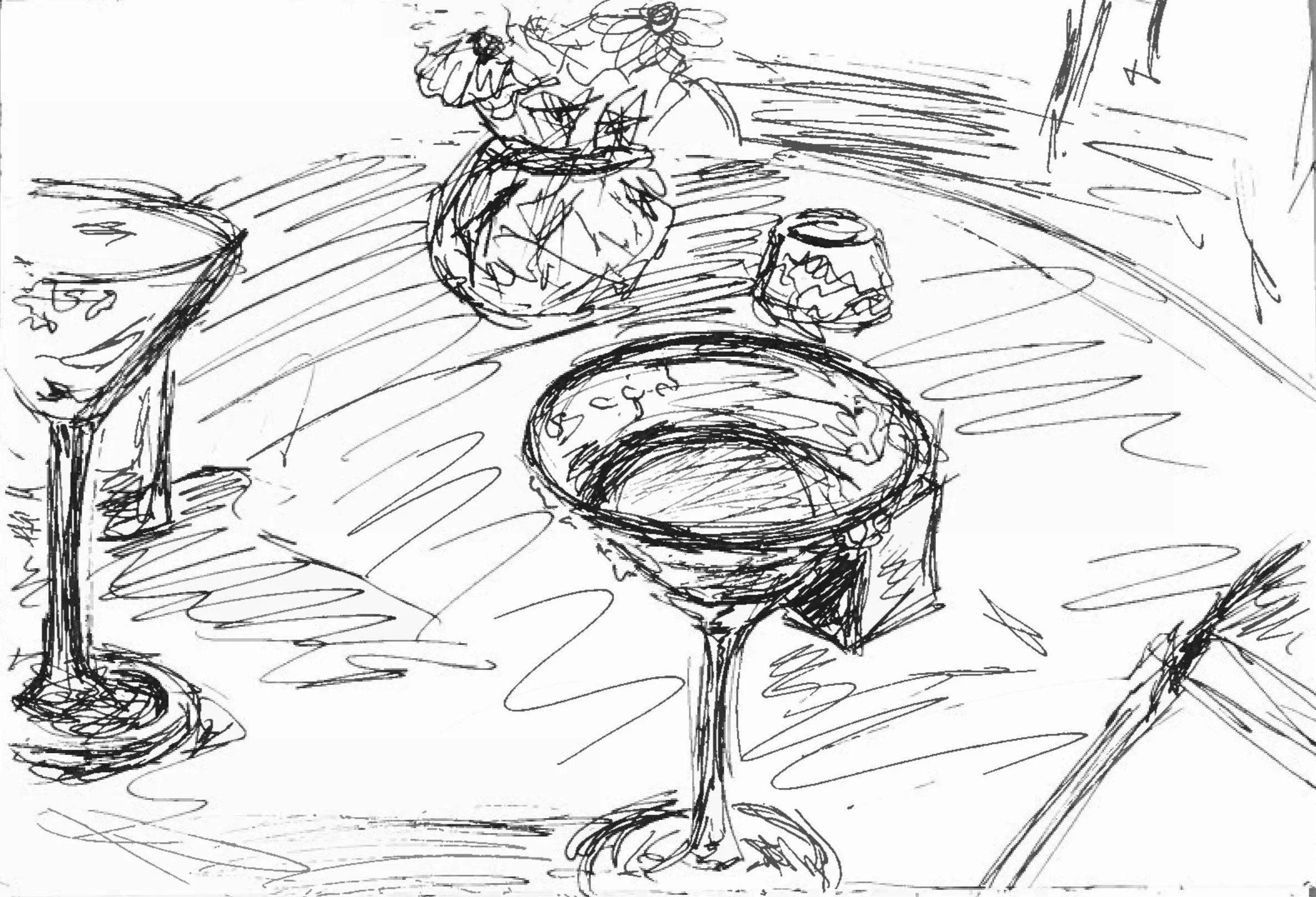 black and white drawing of cocktails