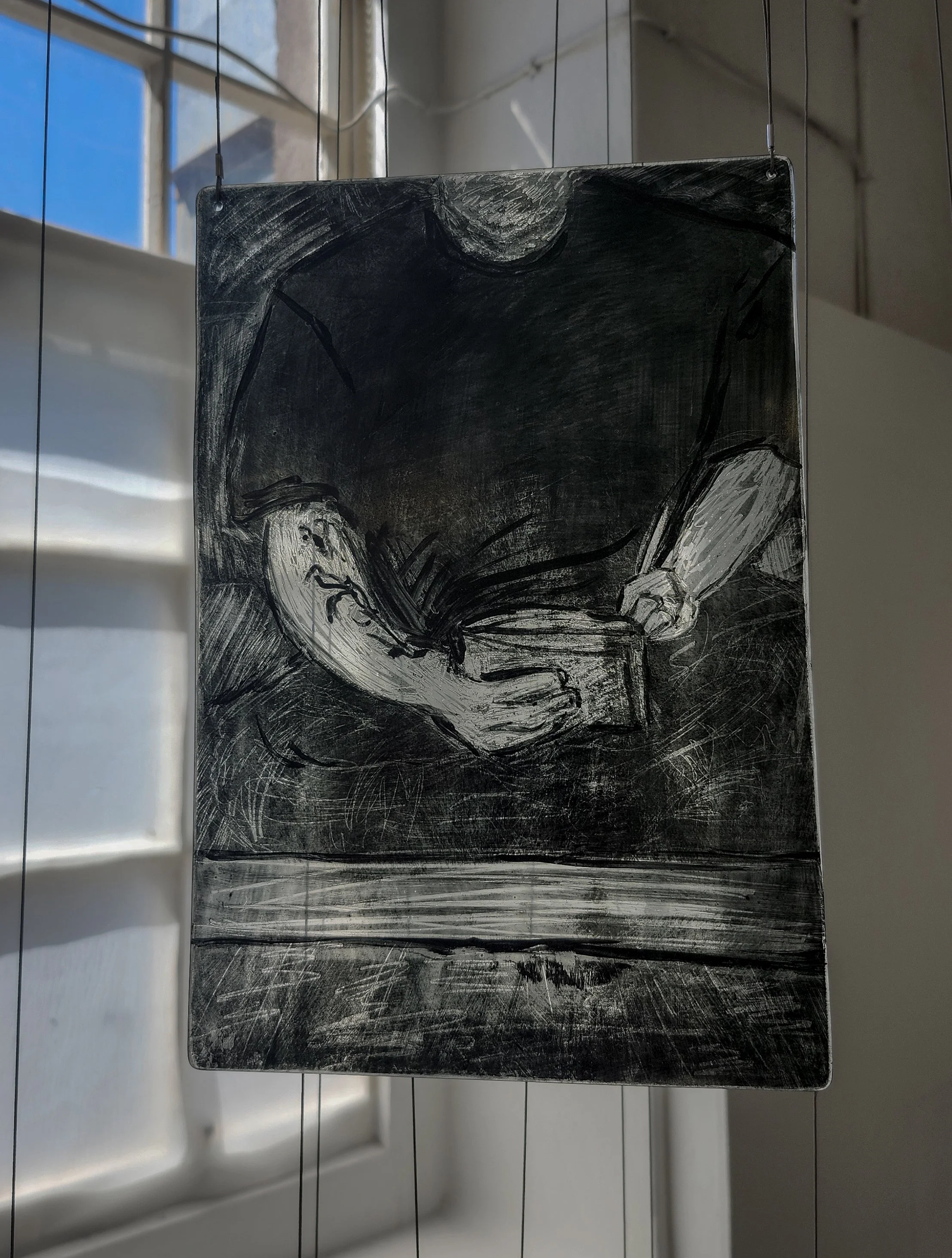 "Mirror Self," 2026, Sgrafitto and glass painting on horticultural glass