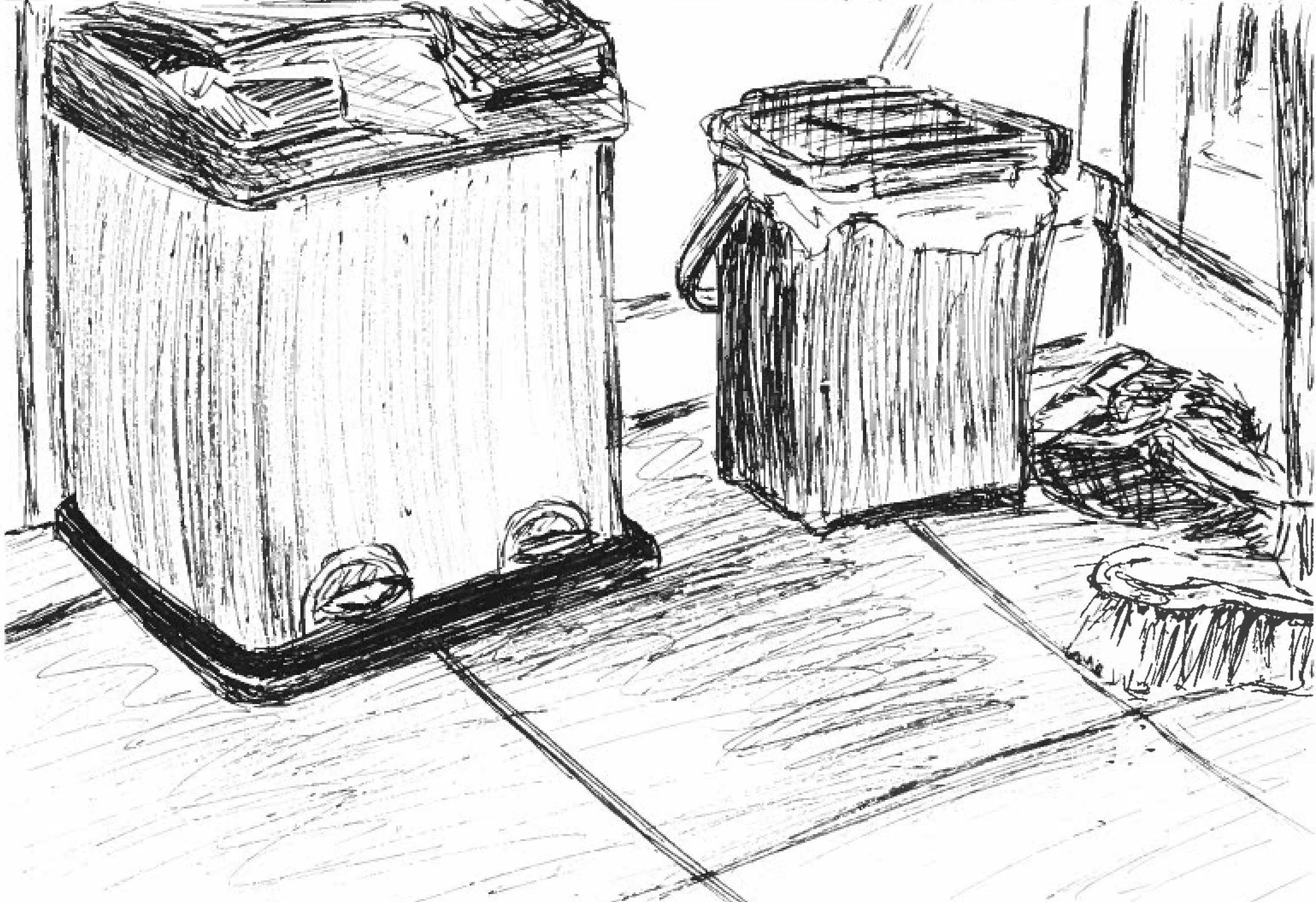 black and white drawing of bins 