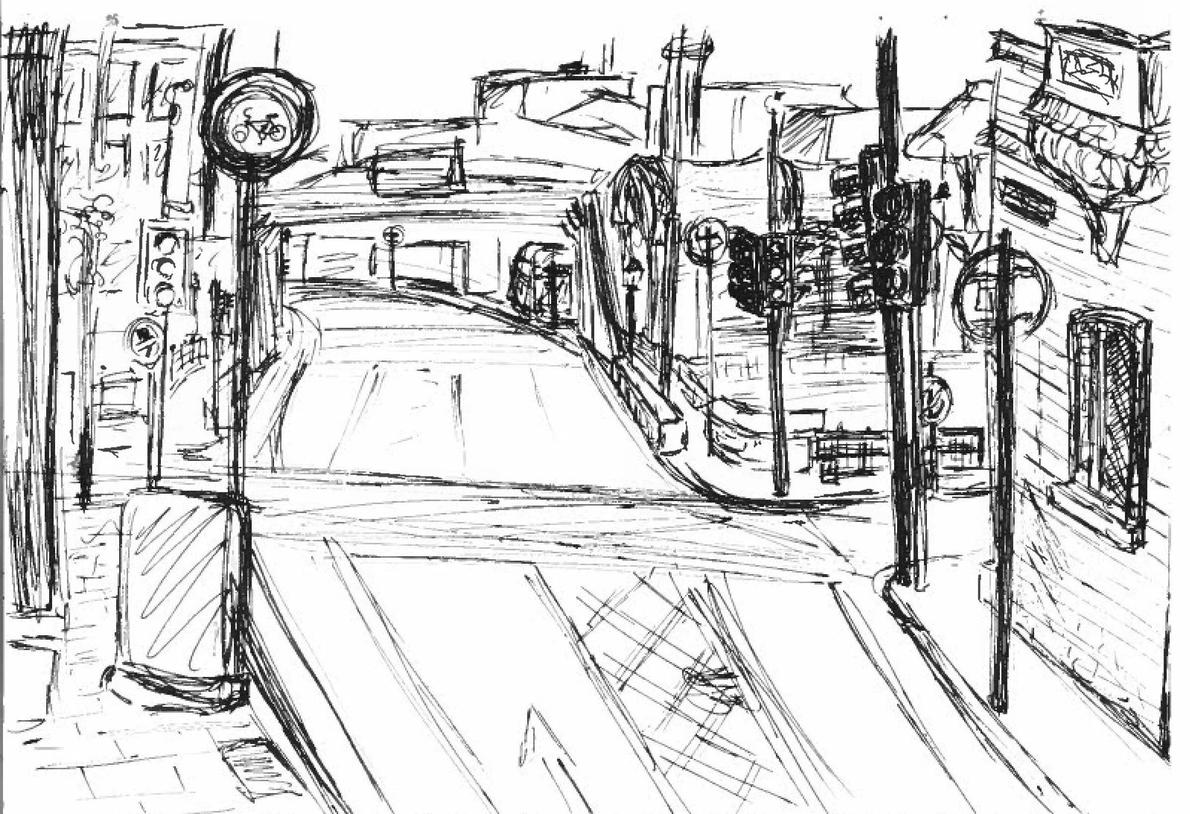 Black and white sketch of a city intersection