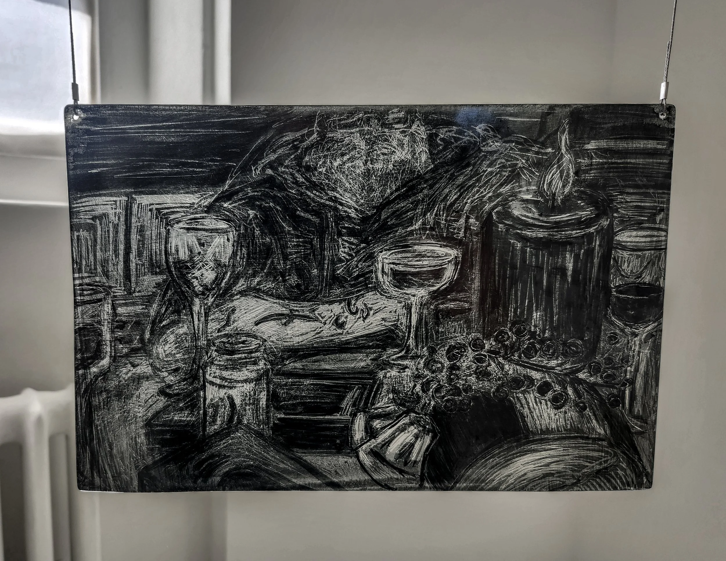 "Head of the Table," 2026, Sgrafitto and glass painting on horticultural glass