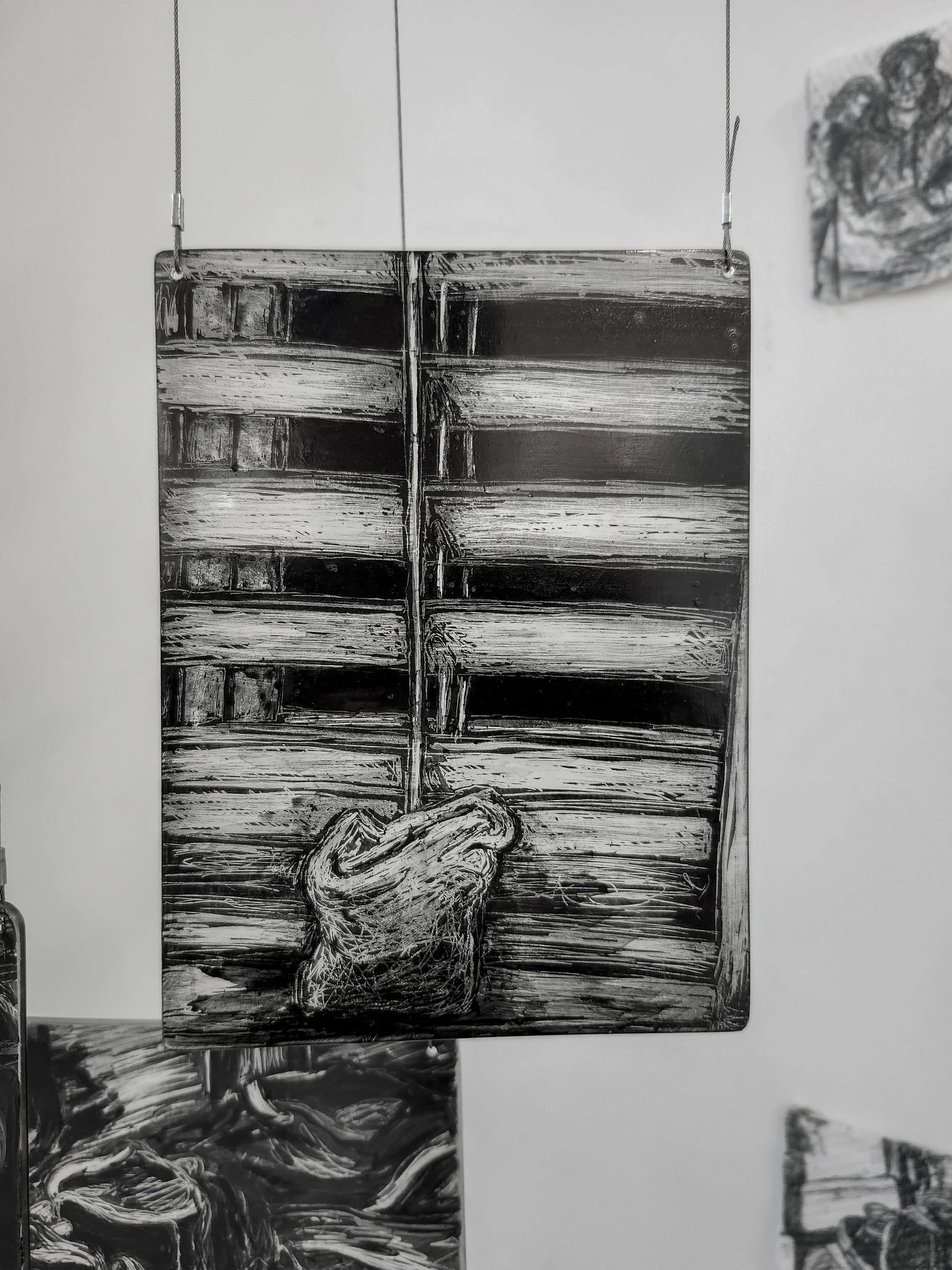 Close up of my memory mobile exhibited during second hand smoke, Trace black sgraffito and painting on horticultural glass