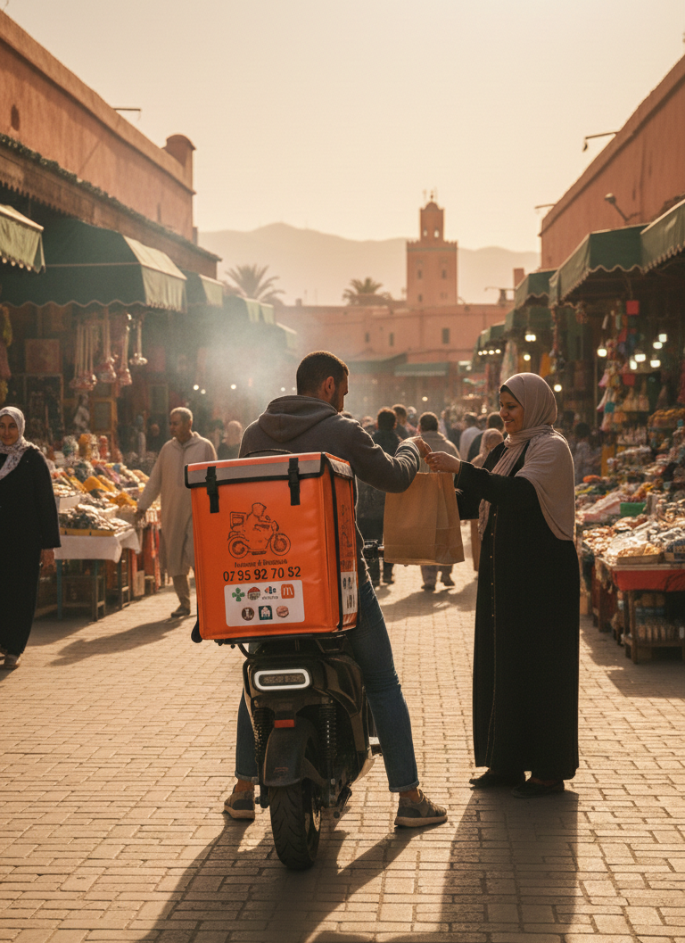 Meilleur service de livraison de repas à domicile à Marrakech. Nous sommes ouverts 24 heures sur 24, 7 jours sur 7, et nous nous engageons à ce que votre livraison soit effectuée le plus rapidement possible.