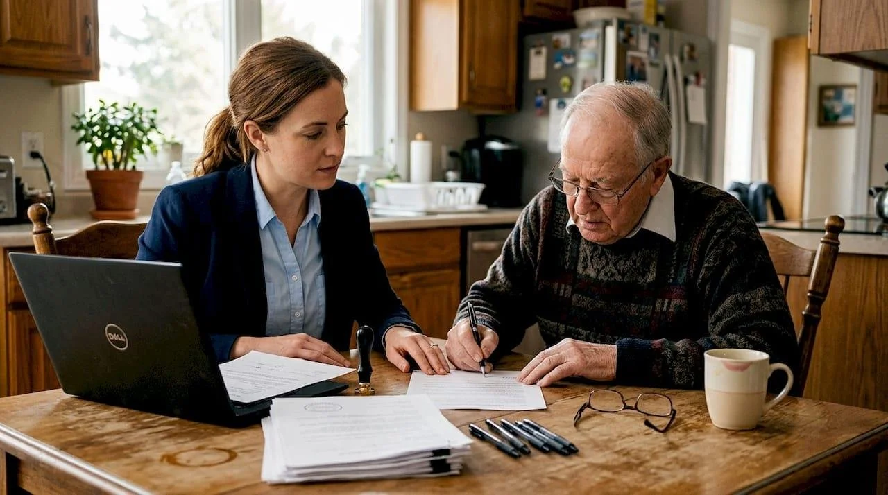 A woman sitting at a table with an elderly man, reviewing documents and signing papers in a kitchen.
