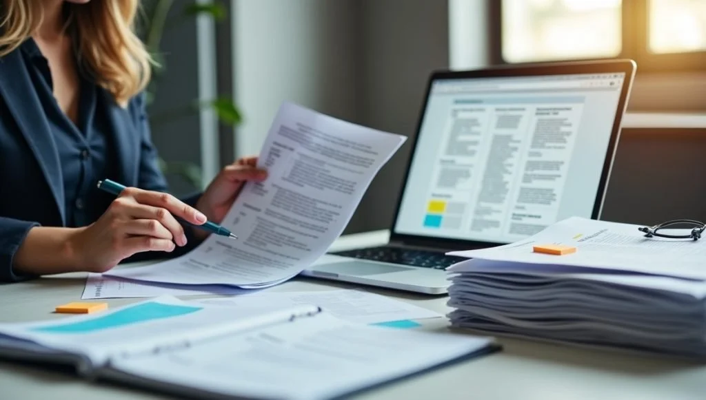 Person reviewing and verifying documents at a desk with a laptop and stacks of paper.