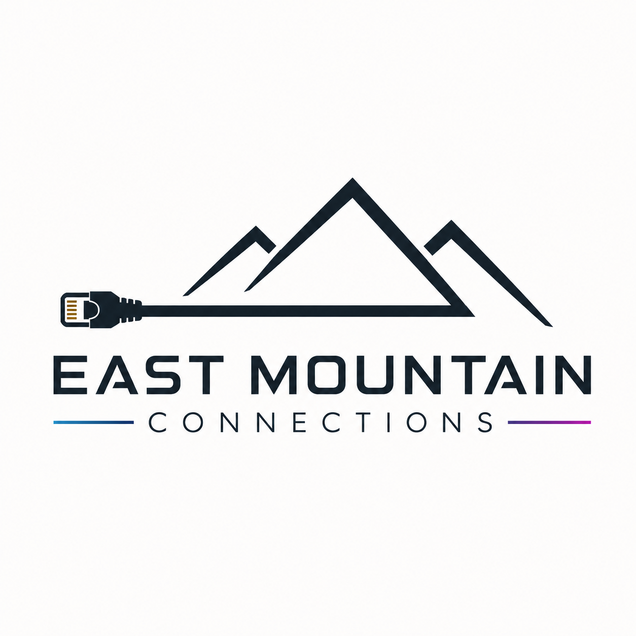 Logo for East Mountain Connections featuring stylized mountain peaks with an Ethernet cable forming the left mountain peak and the words 'EAST MOUNTAIN CONNECTIONS' beneath.