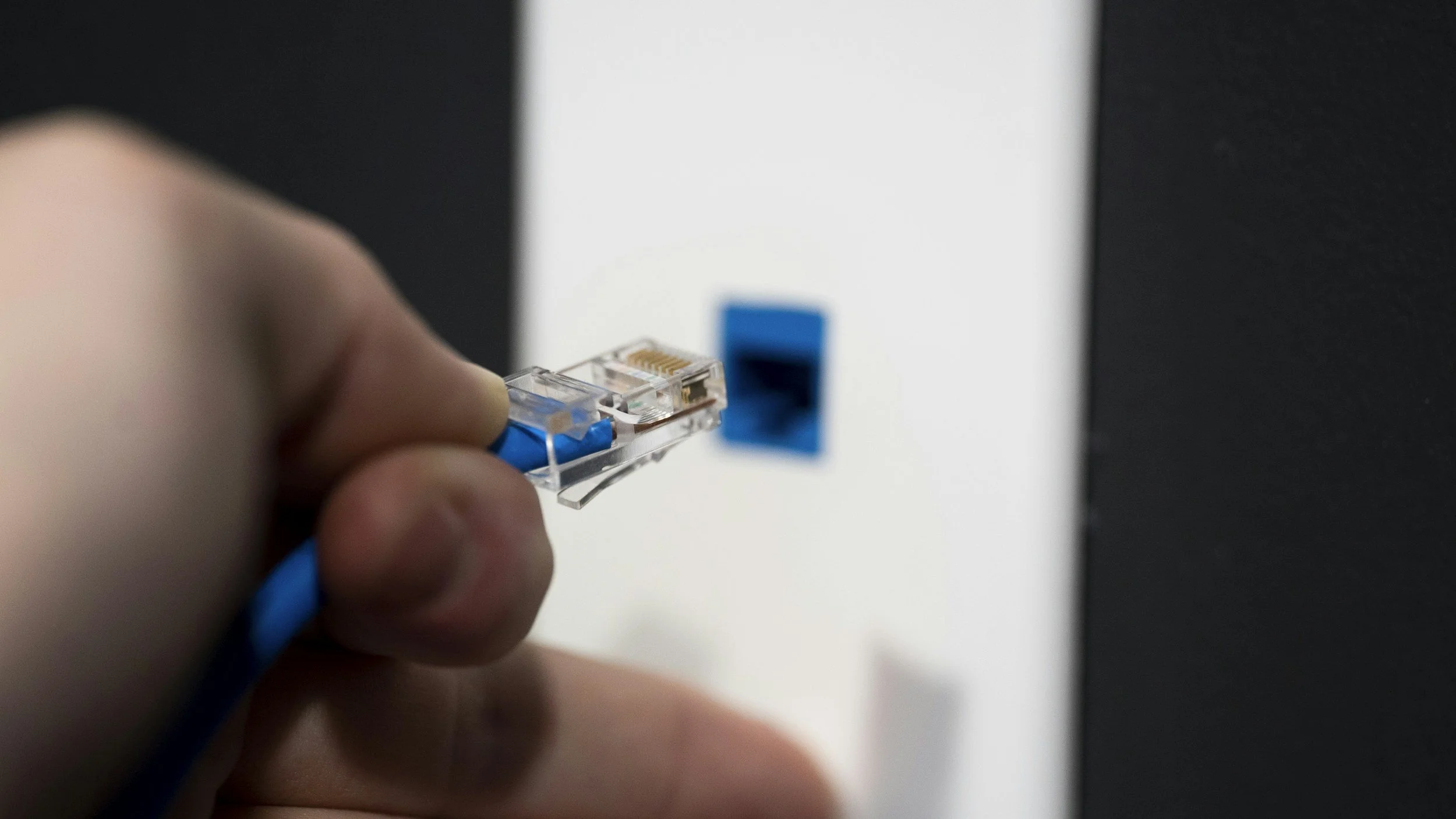 Close-up of a hand holding a blue Ethernet cable near a wall socket with an Ethernet port.