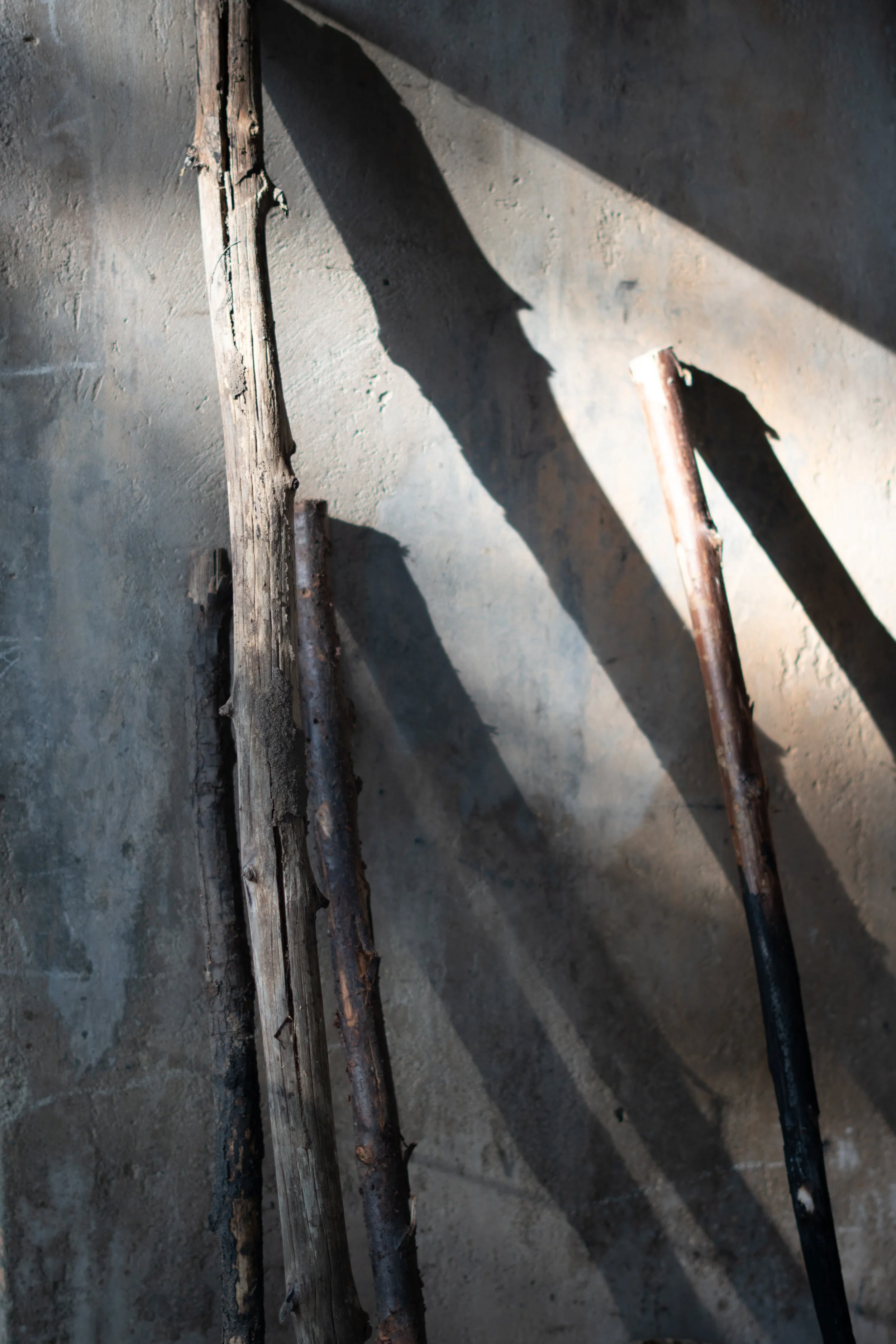 Three old, rusted iron pipes leaning against a gray, rough-textured wall, casting elongated shadows on the wall.