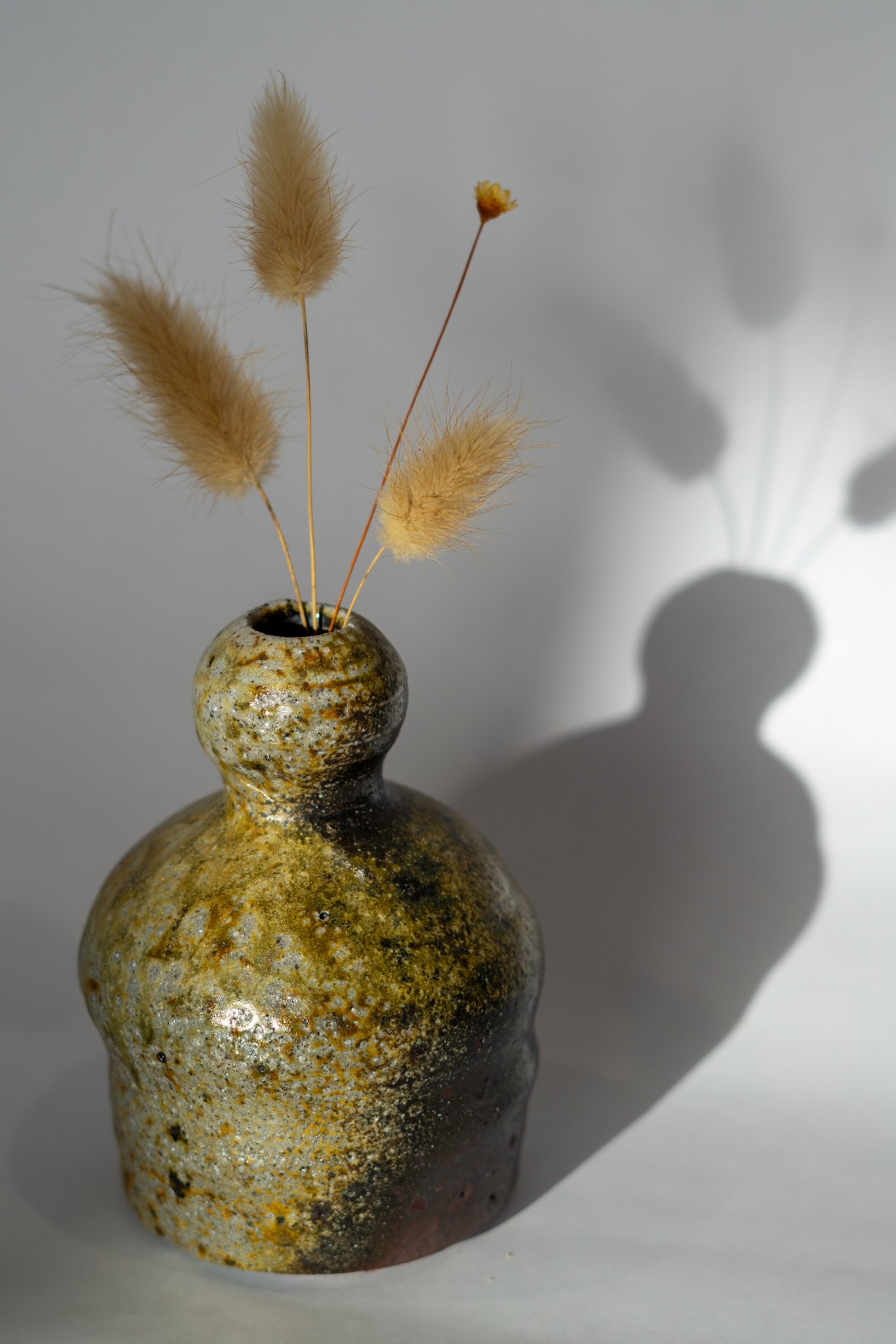 Ceramic vase with a speckled glaze holding dried beige pampas grass, casting a shadow on the light gray background.