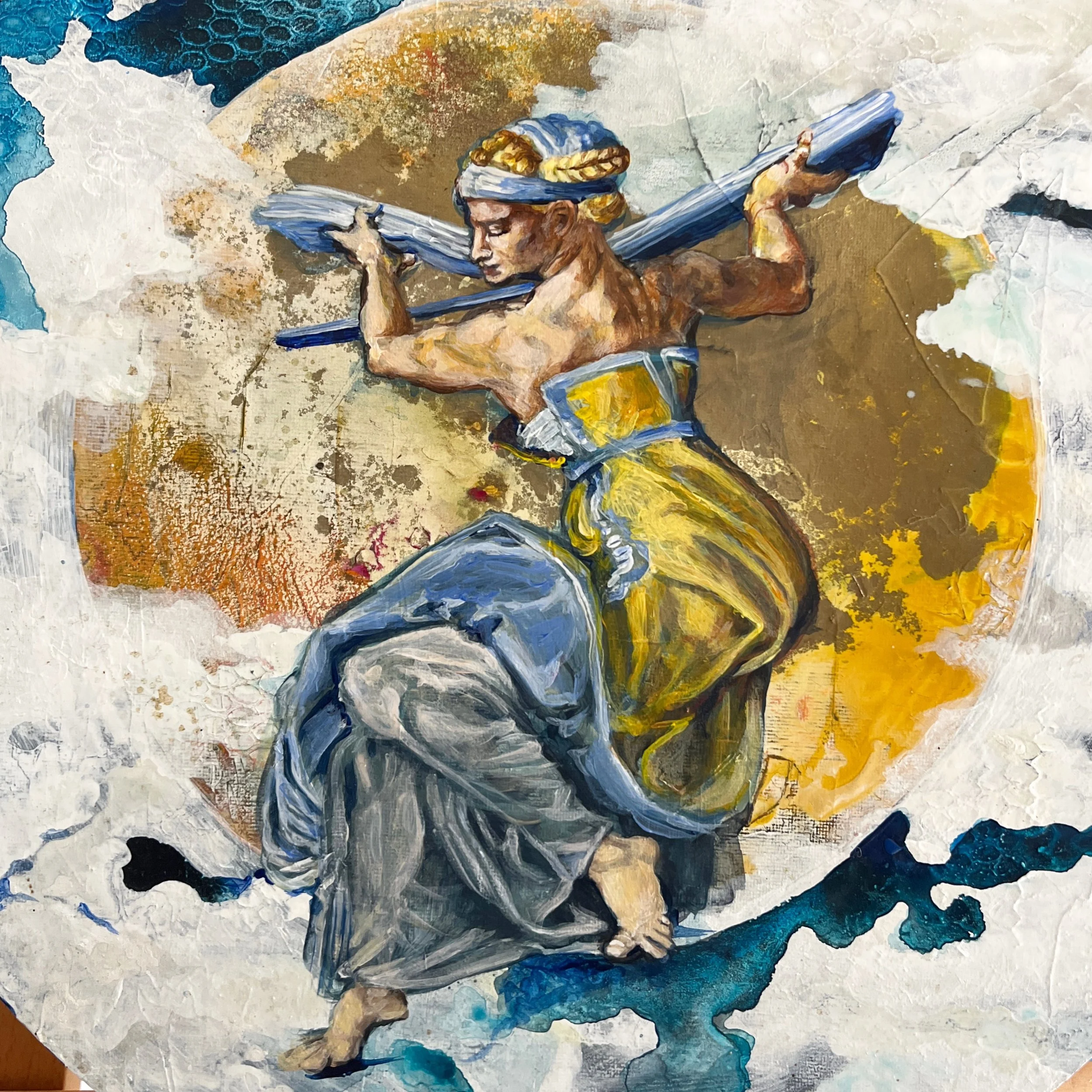 An abstract painting of a woman carrying a large blue cross, with a yellow and blue color palette and textured brushstrokes.