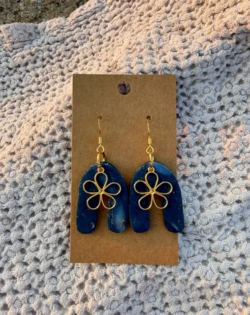 Blue Arch & Gold Flower Earrings