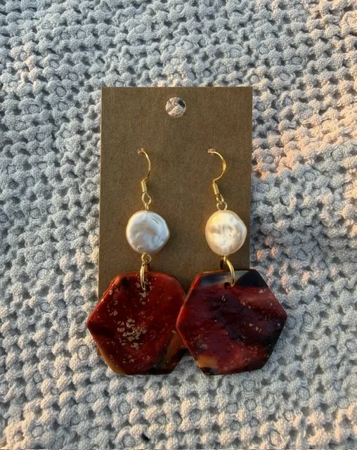 Burgundy & Pearl Hexagon Earrings