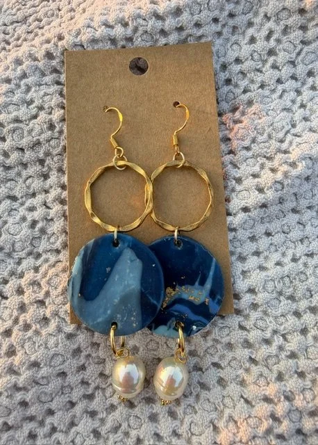 Blue & Gold Marbled Dangle Earrings