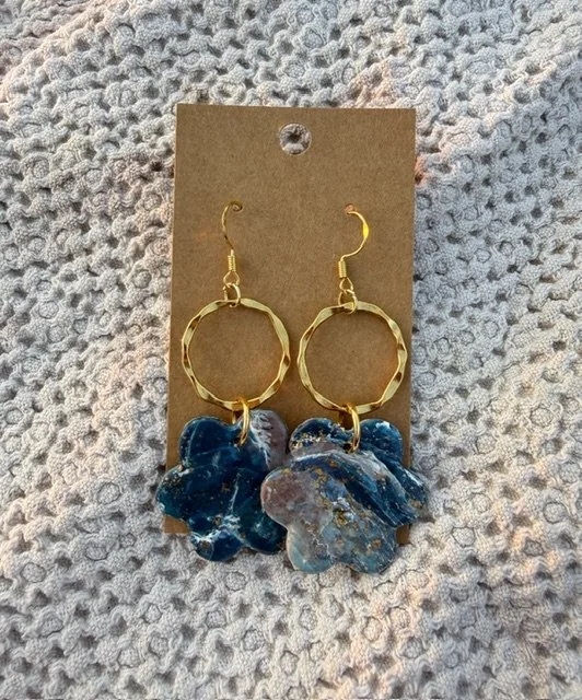 Blue Flower & Gold Hoop Earrings