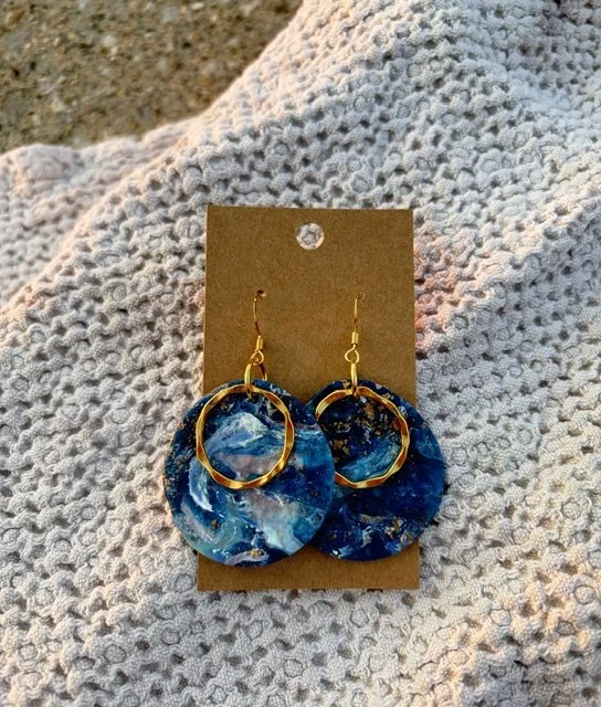 Blue Marbled Circle Earrings