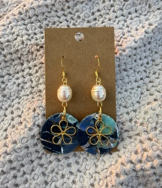 Blue Floral & Pearl Earrings