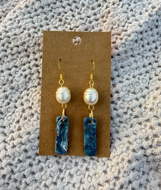 Blue Pearl Bar Earrings