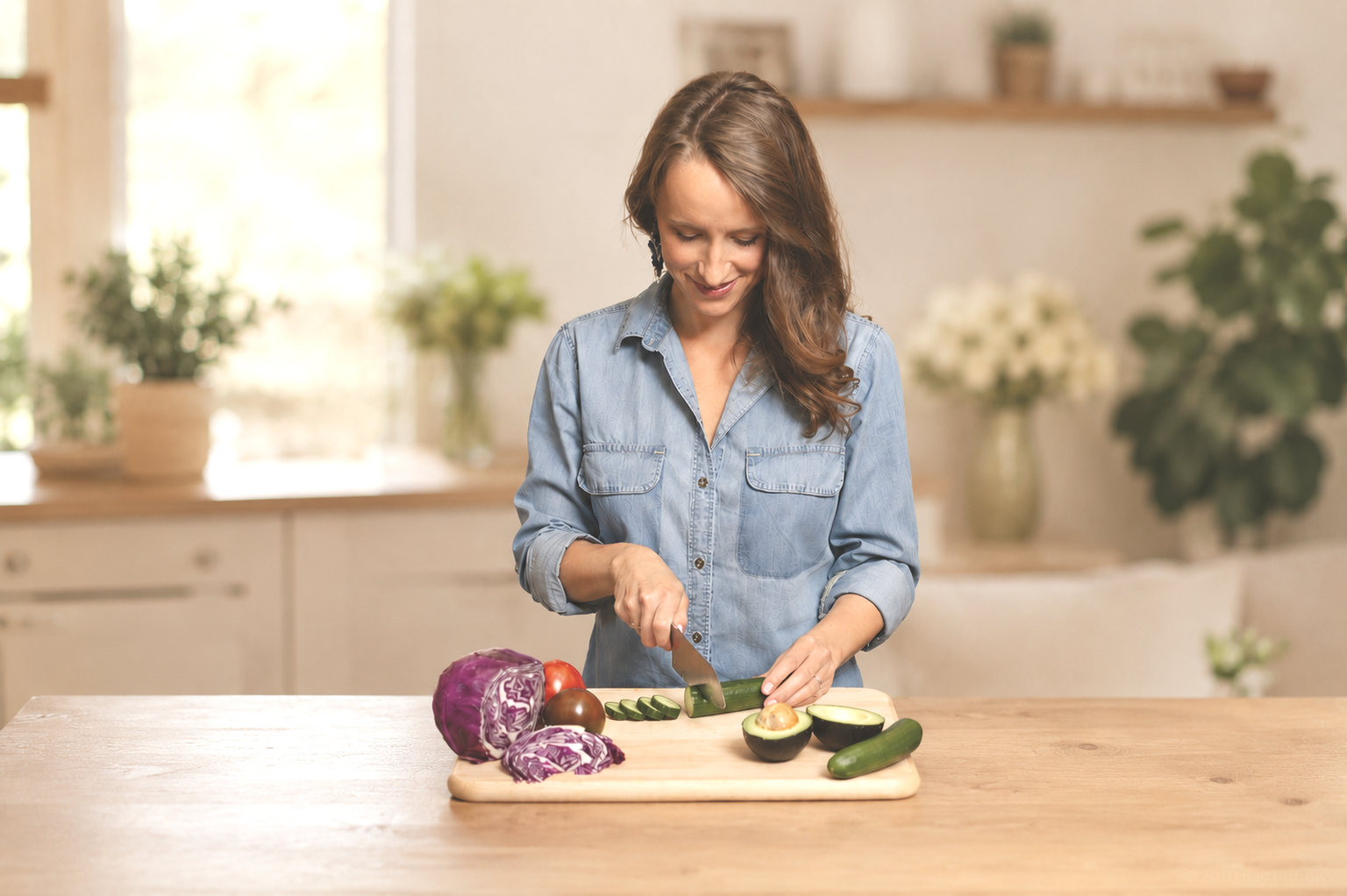 Woman chopping cucumber on a wooden cutting board with vegetables including purple cabbage, tomato, cucumber, and avocado in a bright kitchen.
