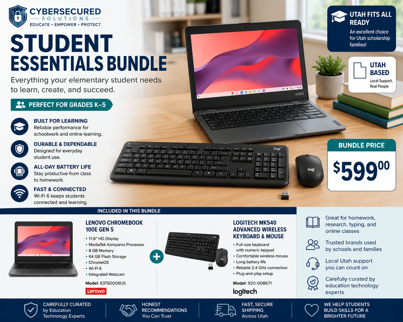 Student Essentials Bundle | Lenovo Chromebook + Logitech MK540 Wireless Keyboard & Mouse | Perfect for Elementary Students & Utah Fits All