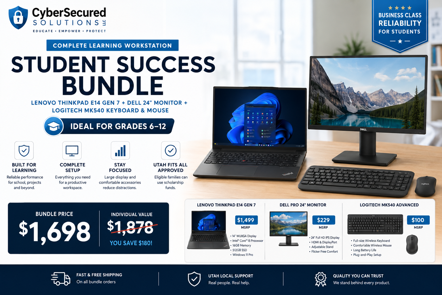 Student Success Bundle | Lenovo ThinkBook 16 + Dell Pro 24" Monitor + Logitech MK540 | Grades 6–8 | Utah Fits All Recommended