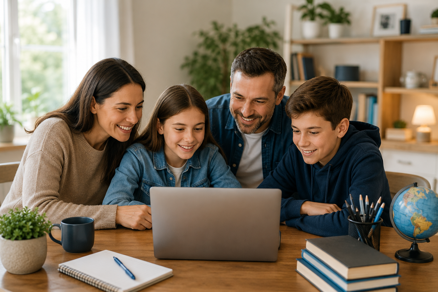 A family of five gathered around a laptop at a table, smiling and looking at the screen, in a cozy home setting with a bookshelf, potted plants, and a globe.