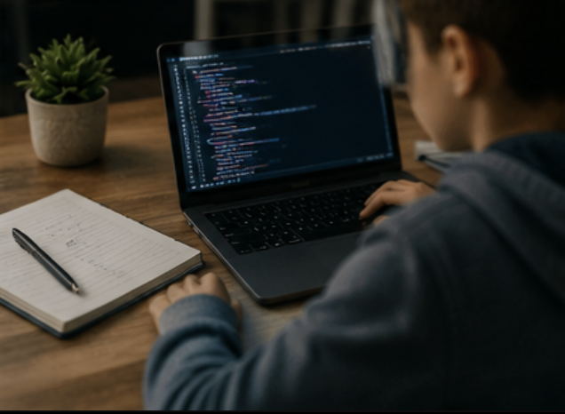 Person working on a laptop with code on the screen, a notebook and pen on the desk, and a potted plant nearby.