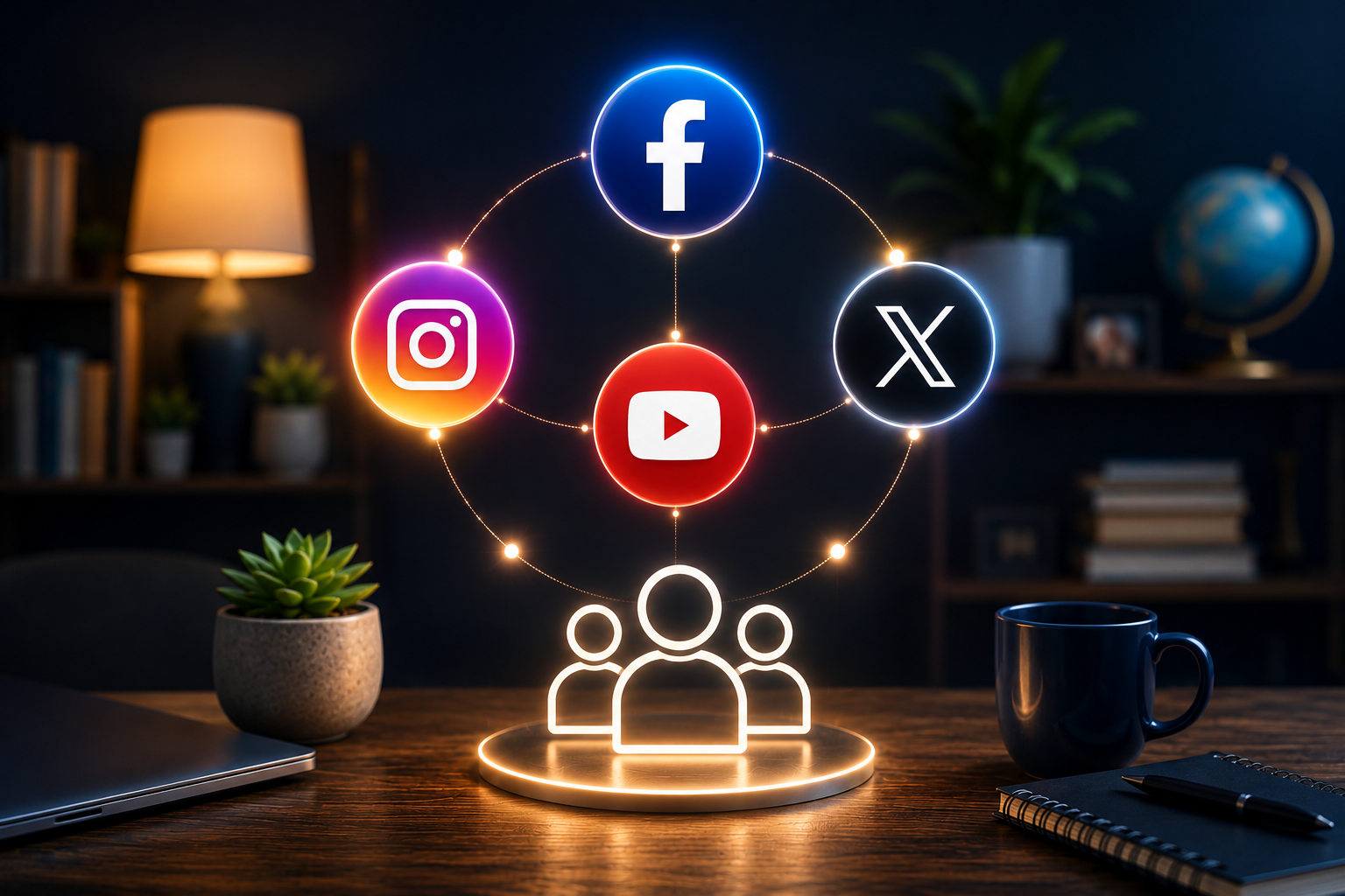 Illustration of social media icons Facebook, Instagram, YouTube, X, and a group of people on a digital display over a home office desk.