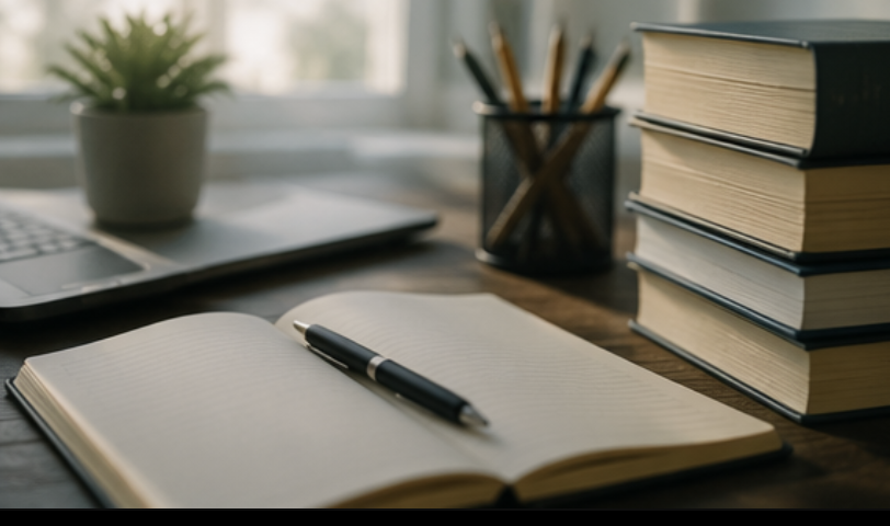 Open notebook with pen on a wooden desk, beside a stack of four books, a potted plant, and a laptop in a well-lit room.