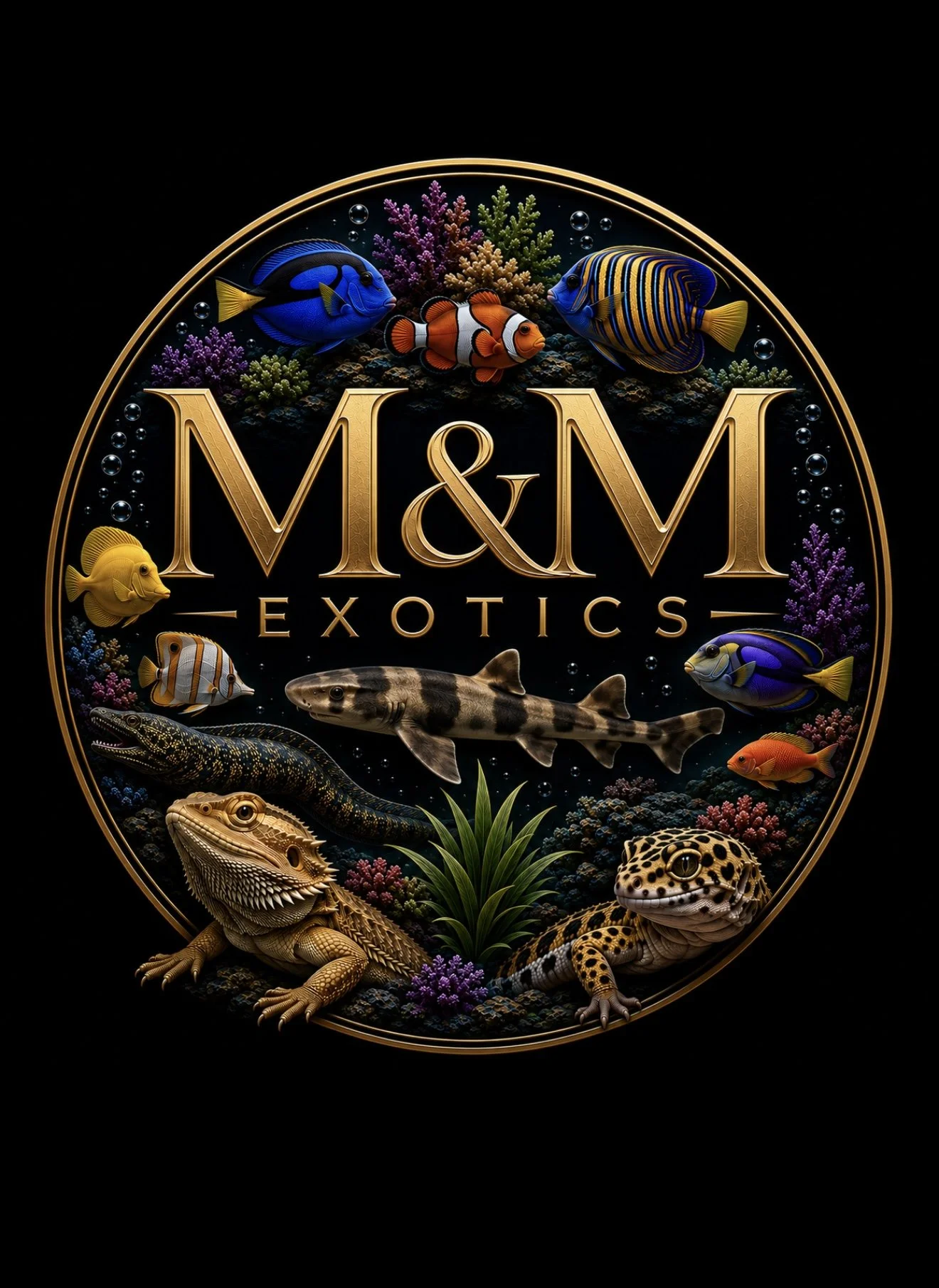A circular logo for M&M Exotic Pets featuring various tropical fish, reptiles like iguanas and geckos, colorful coral, and aquatic plants against a black background, with gold trim and text.