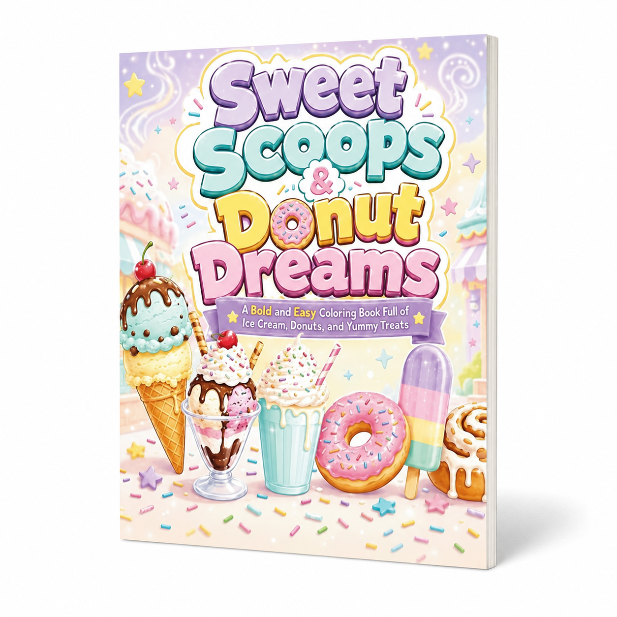 Cover of a coloring book titled 'Sweet Scoops & Donut Dreams' featuring colorful illustrations of ice cream cones, sundaes, a doughnut, and a popsicle with sprinkles and a pastel-colored background.