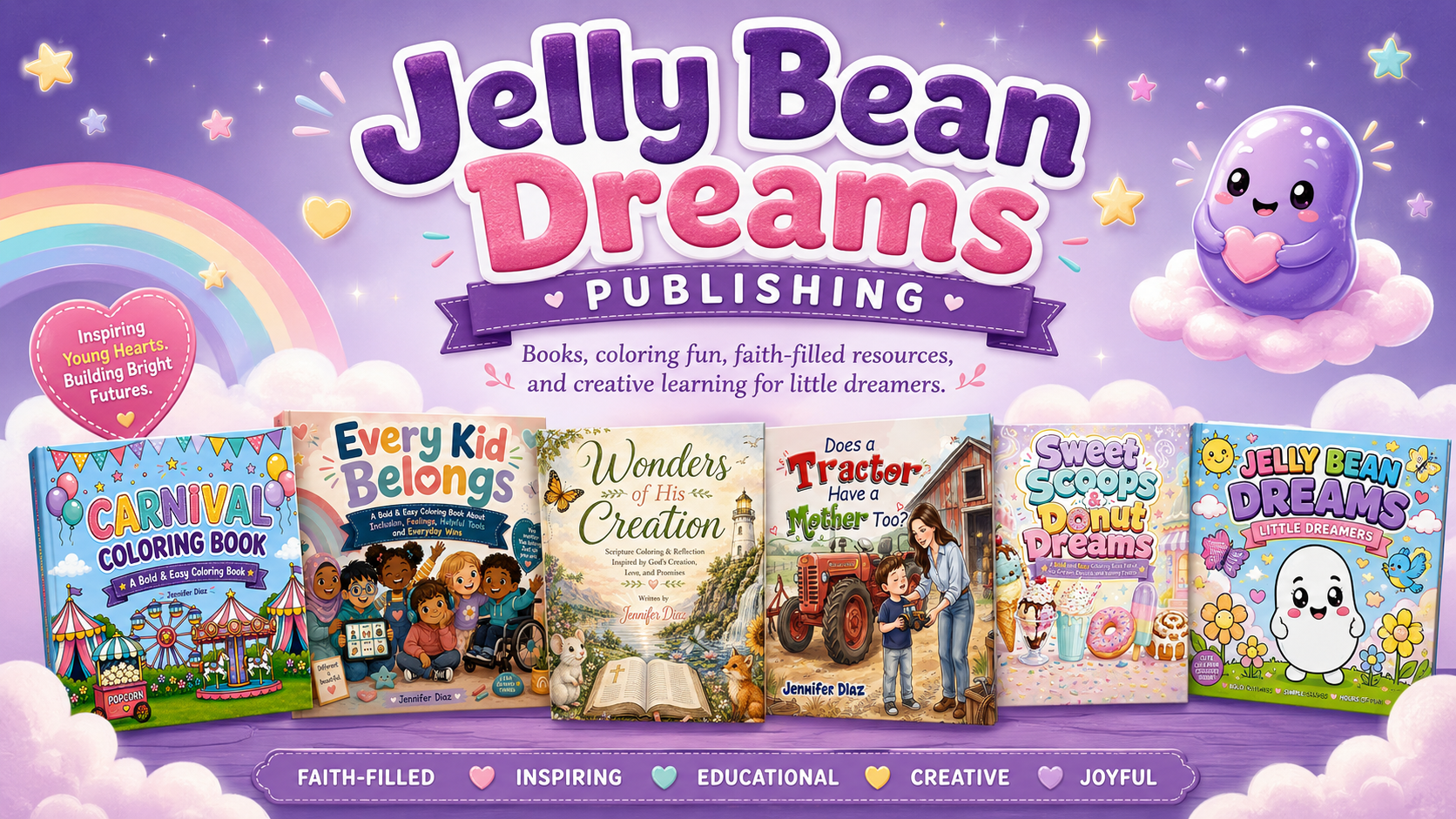 Display of children's books from Jelly Bean Dreams Publishing including Carnival Coloring Book, Every Kid Belongs, Wonders of His Creation, Does a Tractor Have a Mother Too?, Sweet Scoops & Donut Dreams, and Jelly Bean Dreams Little Dreamers. The background features a purple sky with stars, clouds, a rainbow, and a smiling purple jelly bean holding a heart, with labels describing qualities such as faith-filled, inspiring, educational, creative, and joyful.