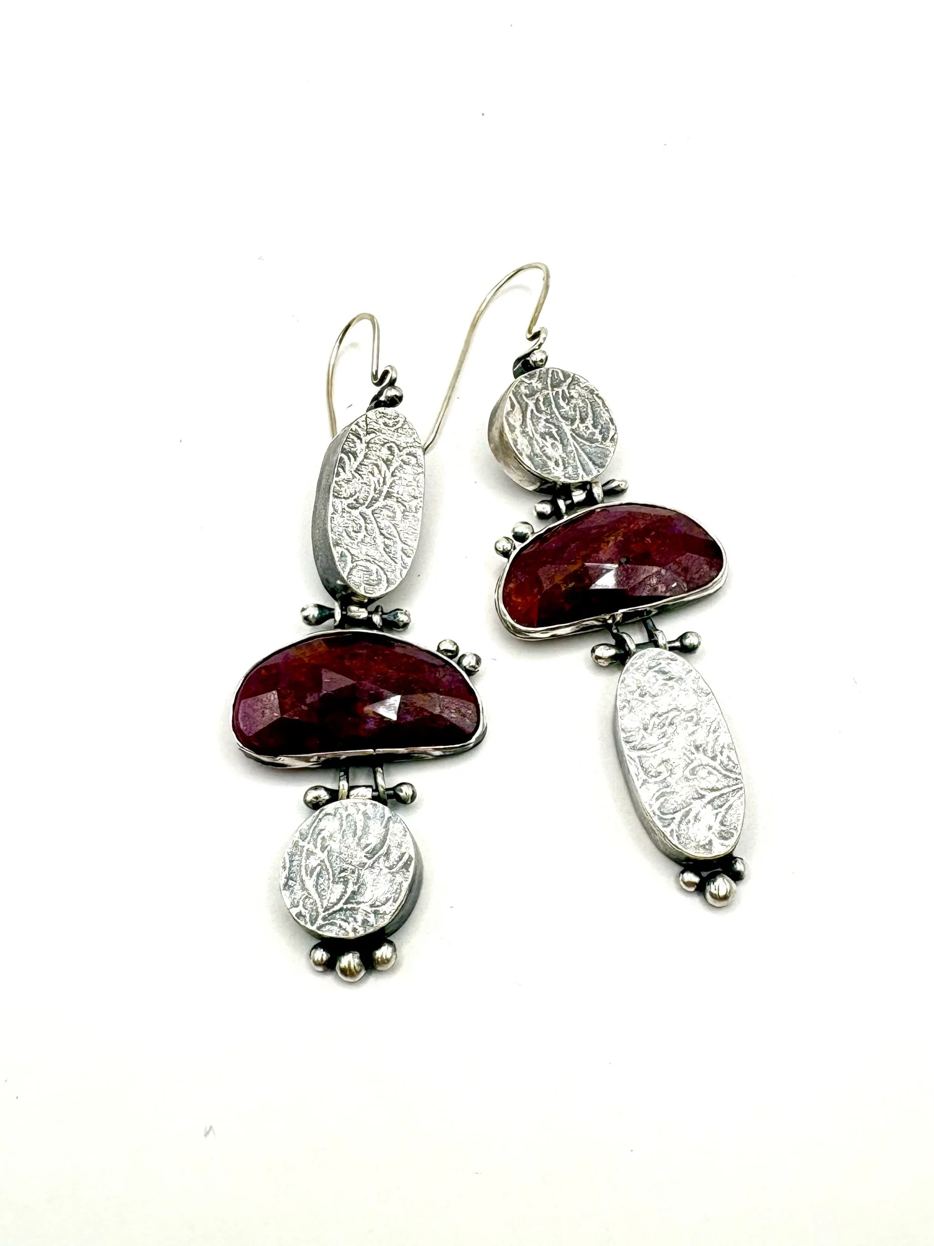 reclaimed silver / ruby / hinged earrings