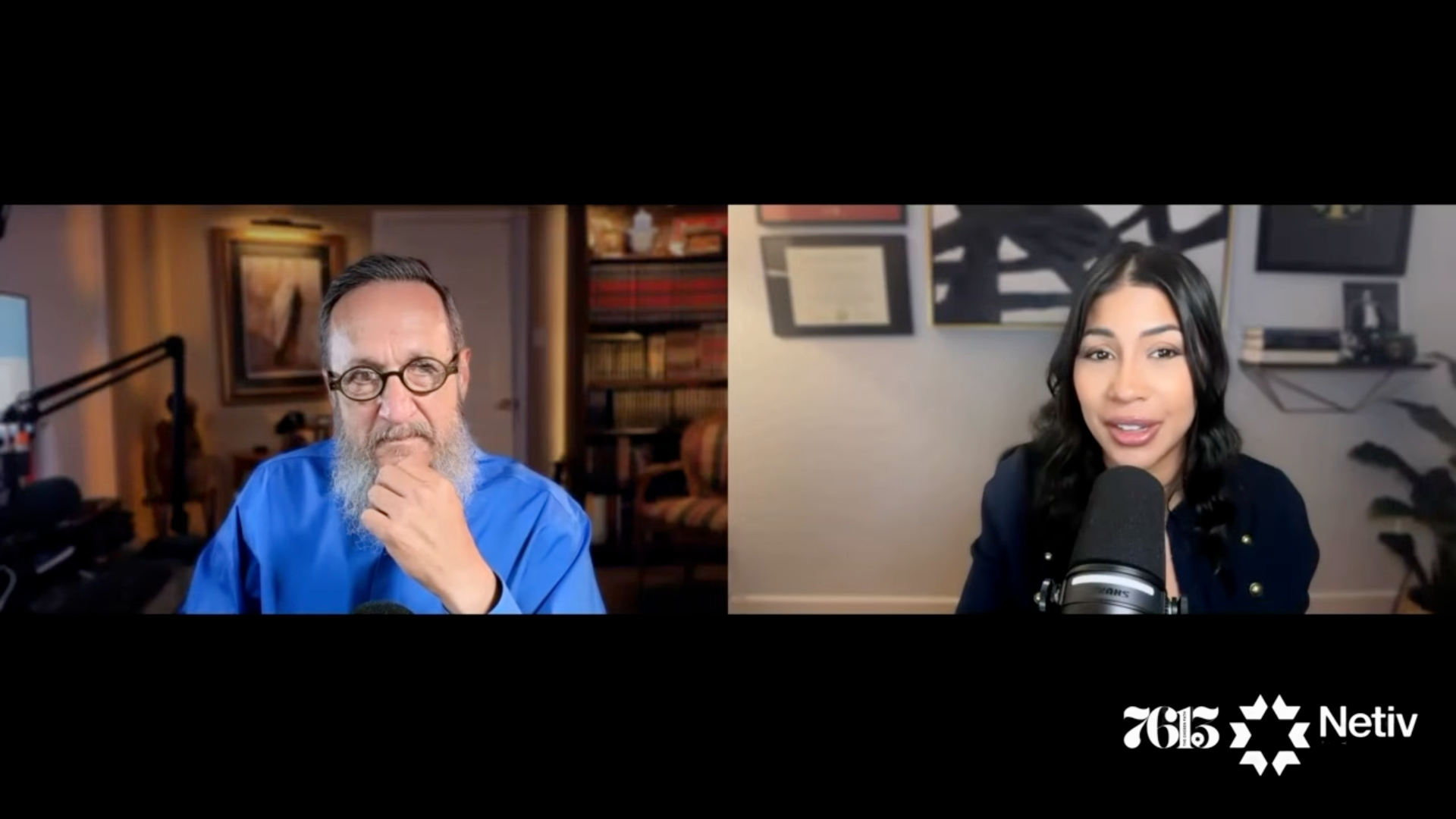 Rod Bryant and Tassja Cadoch -A split-screen video call showing an older man with glasses and a beard on the left, and a young woman with black hair speaking into a microphone on the right, both in home office settings.