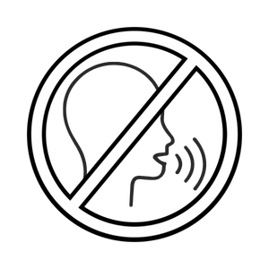 A no talking or whispering sign with a person and sound waves crossed out.