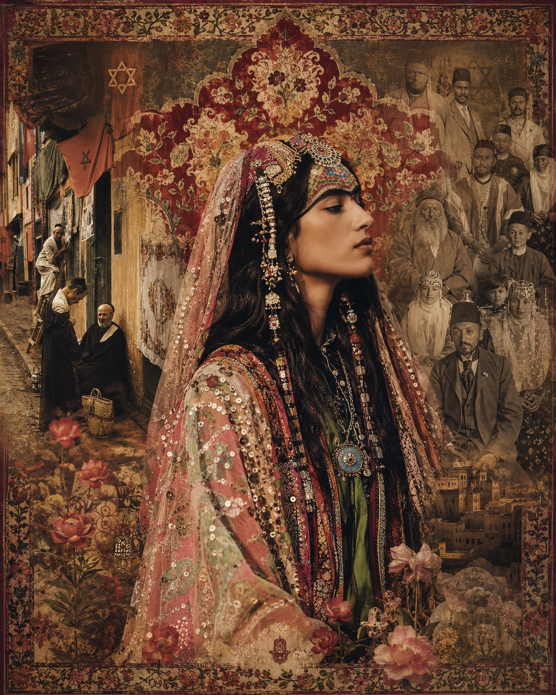 A woman dressed in traditional, ornate Middle Eastern or Central Asian clothing and jewelry, with a backdrop of a historical or cultural painting featuring diverse figures in traditional clothing and a landscape. Bnei Anusim, Sephardic Jew.