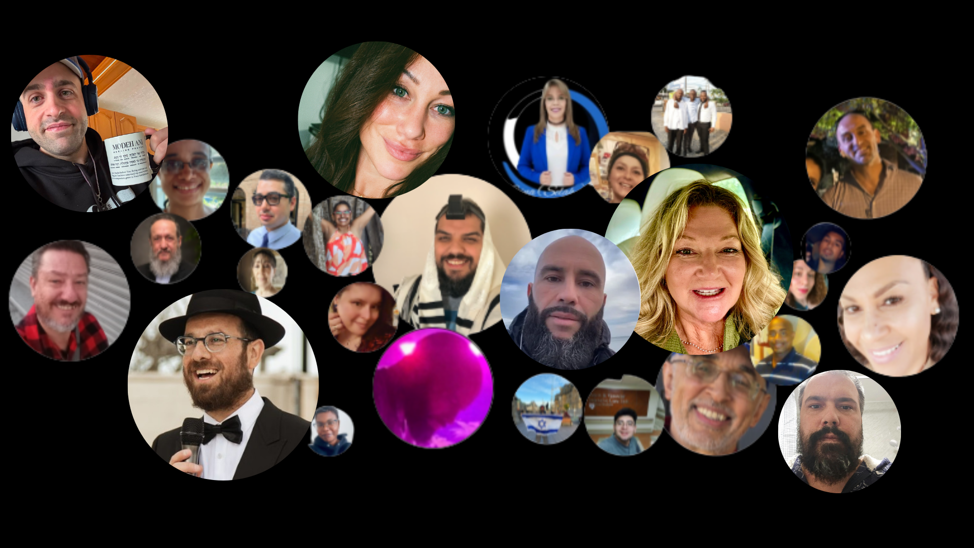 Collage of diverse people's headshots in circular frames, with a black background and a pink orb in the center.