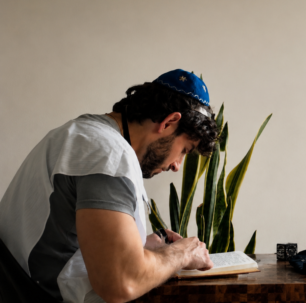 A man wearing a blue kippah, a gray and white shirt, sits at a wooden table reading a book and taking notes.