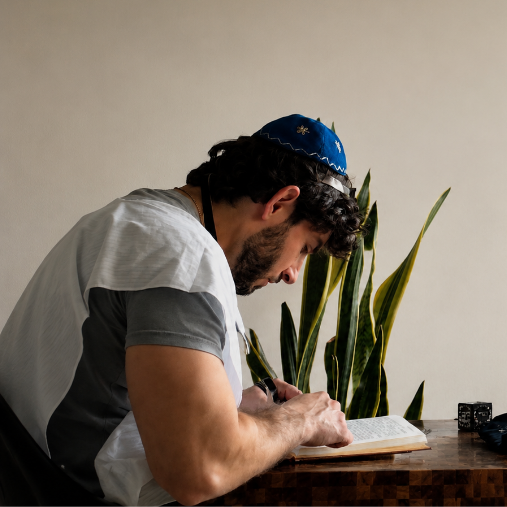 A man with a blue kippah at his hairline, a beard, wearing a gray and white t-shirt, sitting at a wooden table, reading and writing in a book, with a tall green houseplant and a black object in the background.